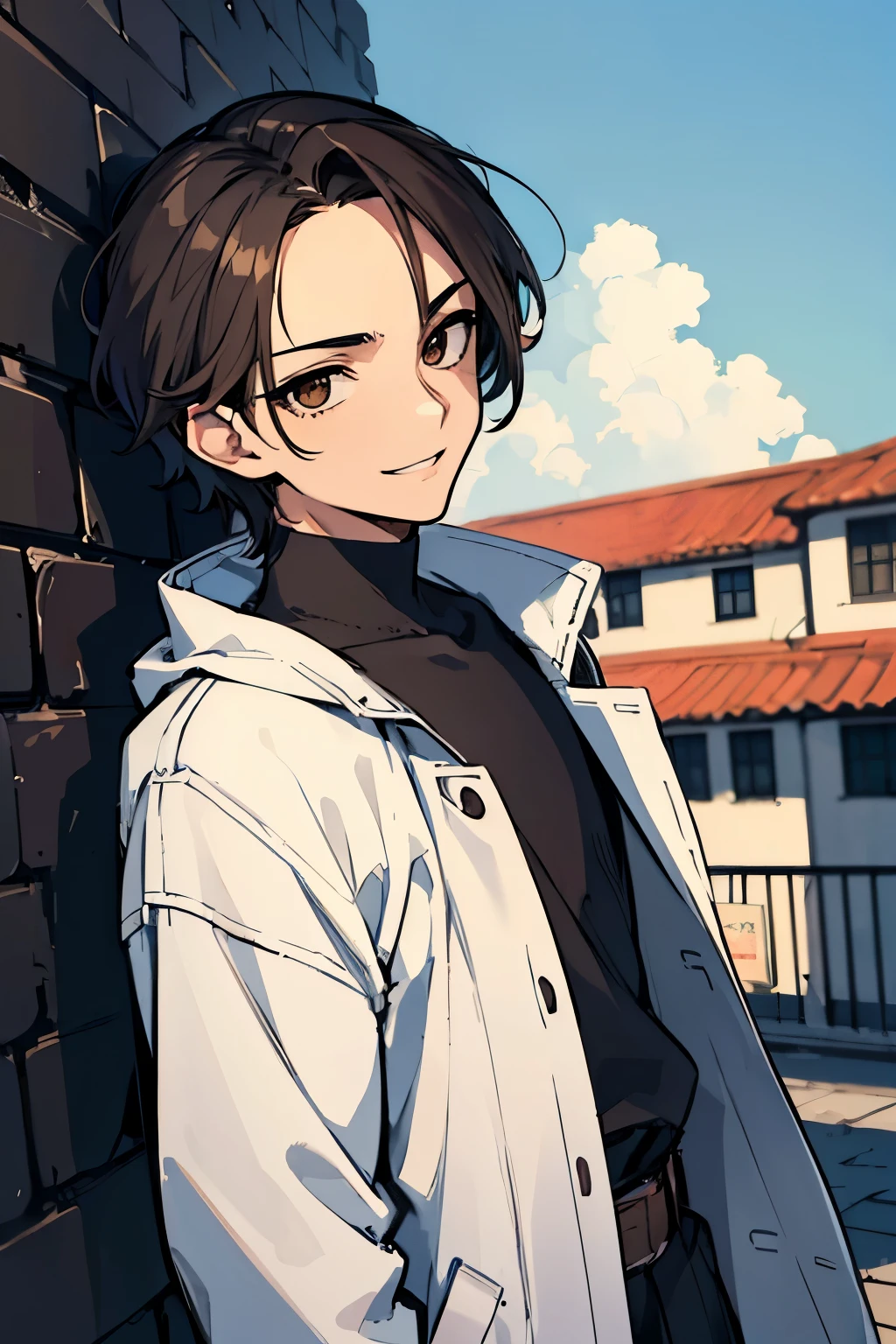 ((masterpiece, best quality)), 1man, boy, looking straight, staring at camera, camera from the front, smirking, ((prideful smile)), dark brown eyes, small eyes, brown short hair, tidy hair, forehead, ((strands of hair in front)) blue eyeliners ,sleepy eyes, eye bags, long eyes, short hair, white jacket with blue lines, in rooftops, cloud