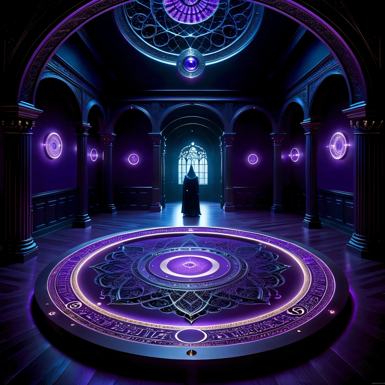 magic circle, a large dark mysterious room with many dark glossy objects, in the center of this dark hall the magic circle glows with a ghostly purple light, the ghostly purple bill from magic circle reflects from the glossy faces of many objects in the dark hall and creates a mysterious game of reflections and glare, creating impressions of multidimensional space and surreal surrounding reality, purple luminous magic circle consists of many thin luminous lines intertwining into the finest intricate filigree patterns, magic circle is shown in detail, highest clarity, highest precision, filigree, highest resolution, 32K, work of a neural network master, Realistic, very detailed