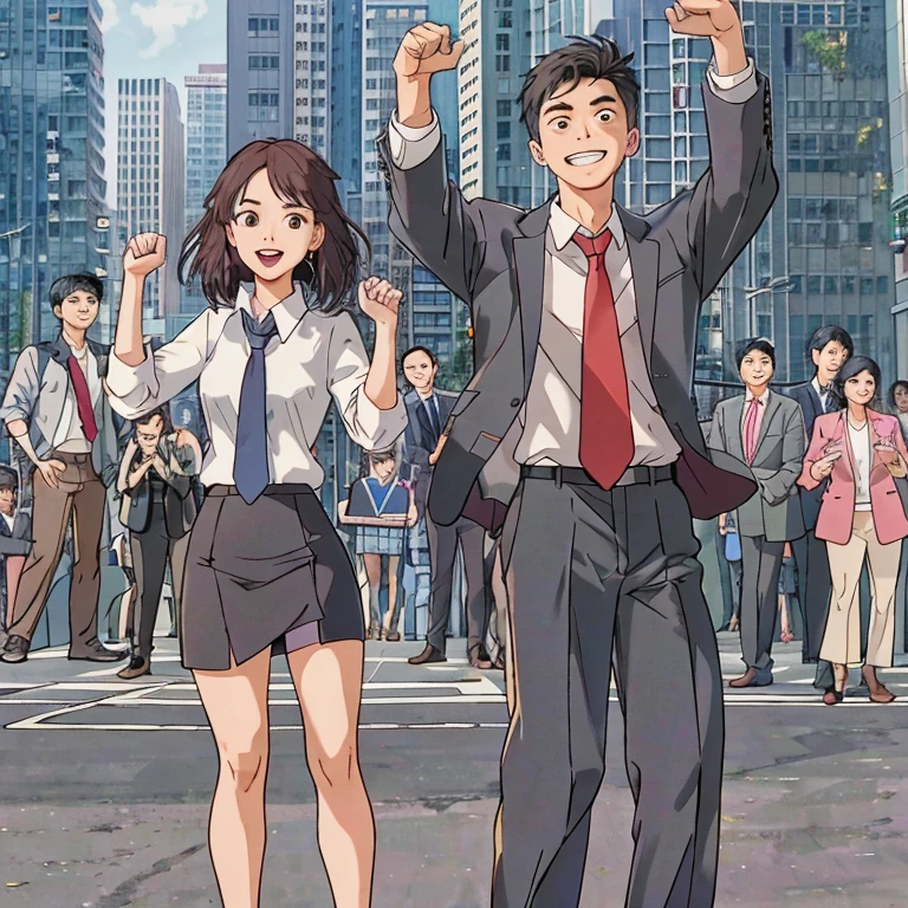 25 year old Asian male character, 20 year old Asian female character wearing suit, stand together, Look at the sky, cute smile, Hong Kong street background, Energetic, clenched fist gesture, common goal, Character proportion 40%, whole body, Successful people, Business Casual