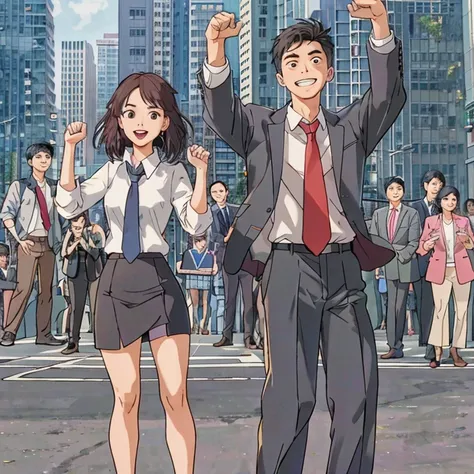 25 year old asian male character, 20 year old asian female character wearing suit, stand together, look at the sky, cute smile, ...