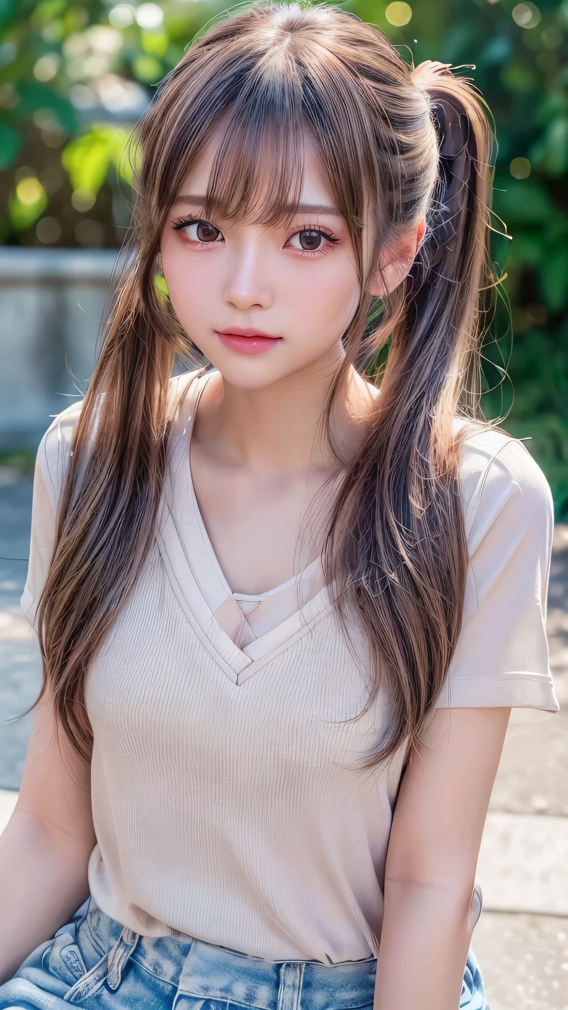 blush,14 years old,small breasts,long hair ponytail,outdoors,White T-shirt and denim overalls,close up of face,((8k, RAW photo, highest quality, pieces fly:1.2), (reality, realistic:1.4), (Highly detailed 8k wallpaper), written boundary depth, cinematic lighting, soft light, Details beauty eye,Shiny and smooth light brown ponytail, asymmetrical bangs, shiny skin, super dense skin ,High resolution, high detail, detailed hairstyle, detailed beauty face, hyper real, perfect limbs, perfect ??????? ,1 Japanese girl,famous japanese idol, perfect female body,shy smile,short eyelashes,double eyelid,look straight here,Hair style is ponytail,