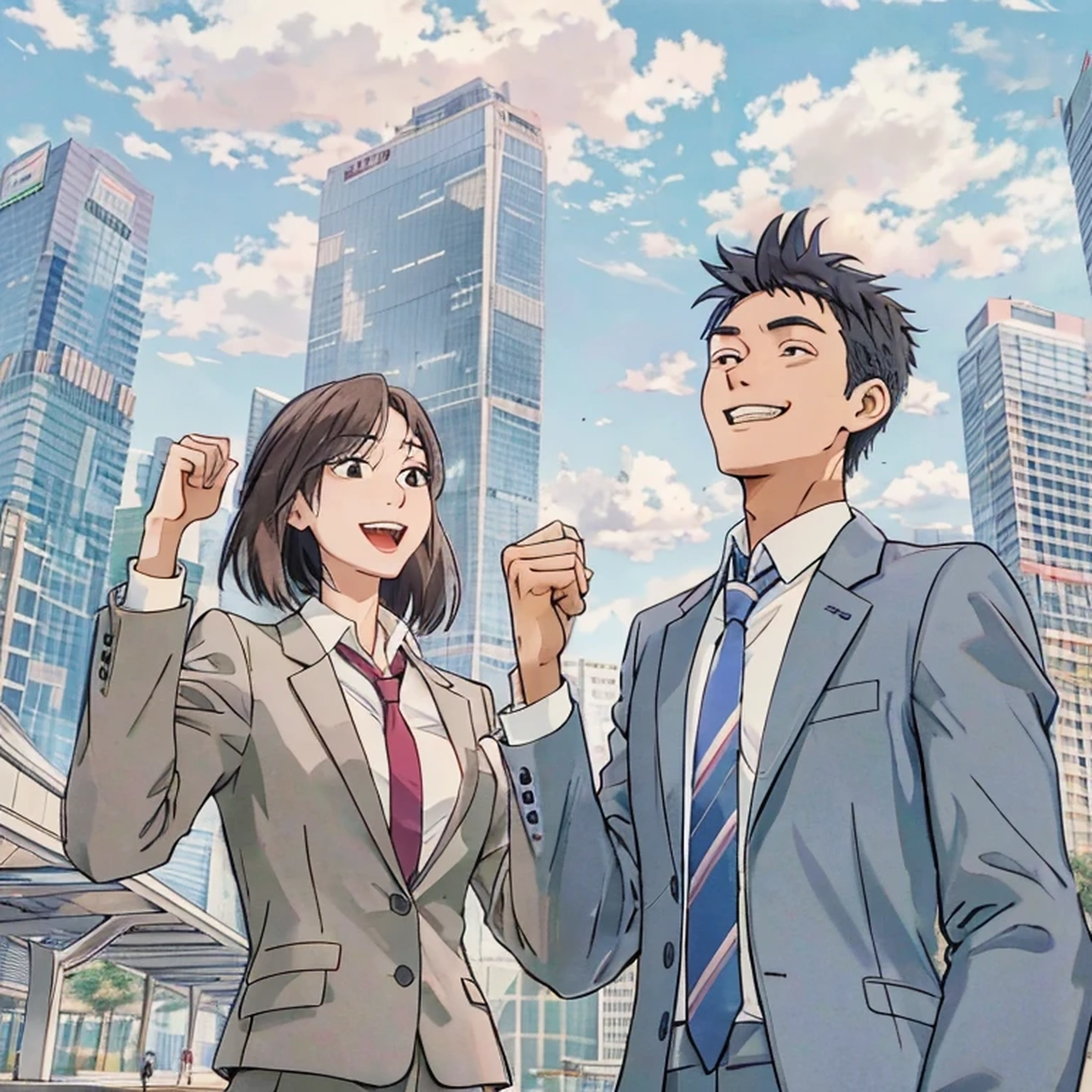 25 year old Asian male character, 20 year old Asian female character wearing suit, stand together, Look at the sky, cute smile, Energetic, clenched fist gesture, common goal, Character proportion 40%, whole body, Successful people, Business Casual, Hong Kong financial center background