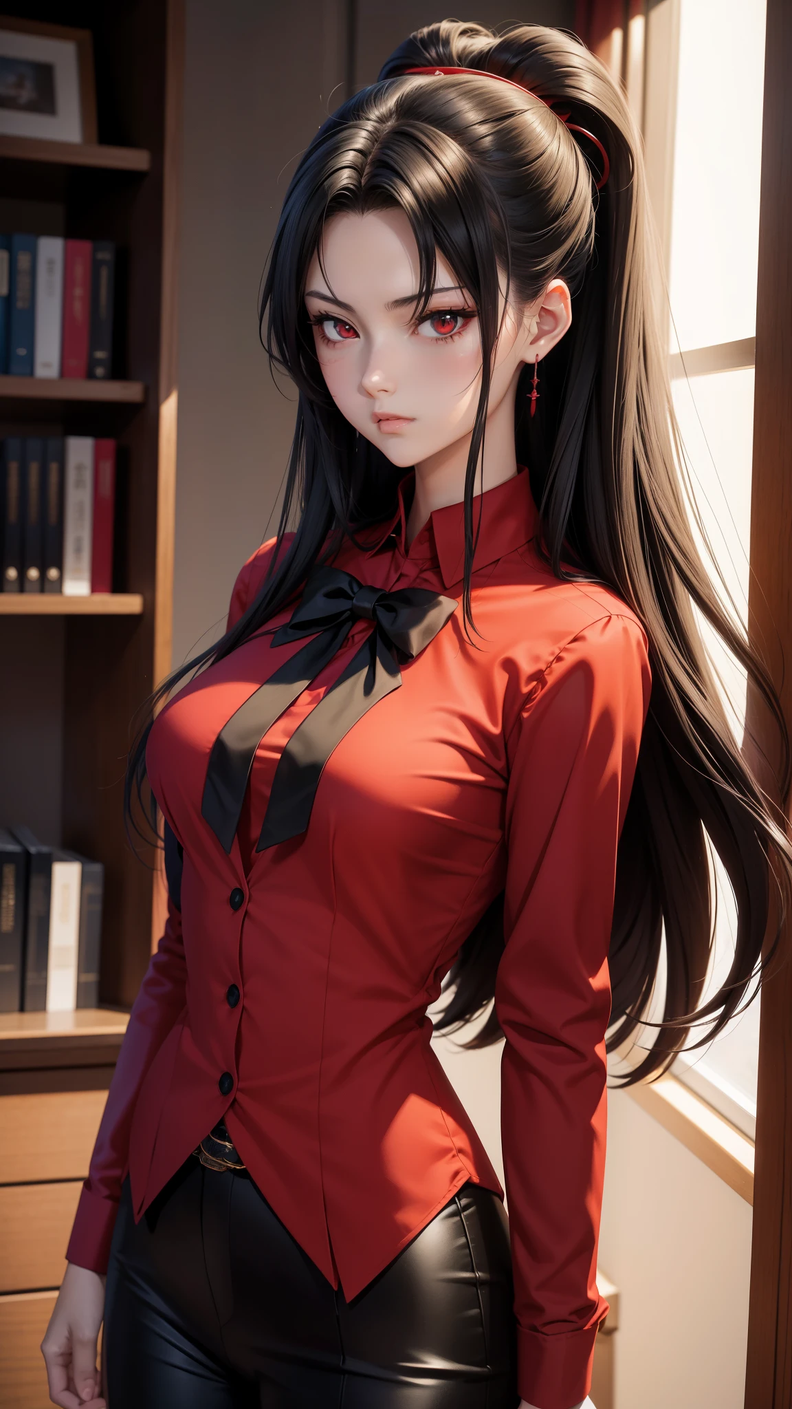 anime girl in red shirt and black tie posing for a photo, by Yang J, extremely detailed artegerm, Rin Tohsaka, artegerm jsc, guweiz style artwork, beautiful digital art, artegerm.  High detail, range murata and artegerm, style artegerm, even model |  artegerm