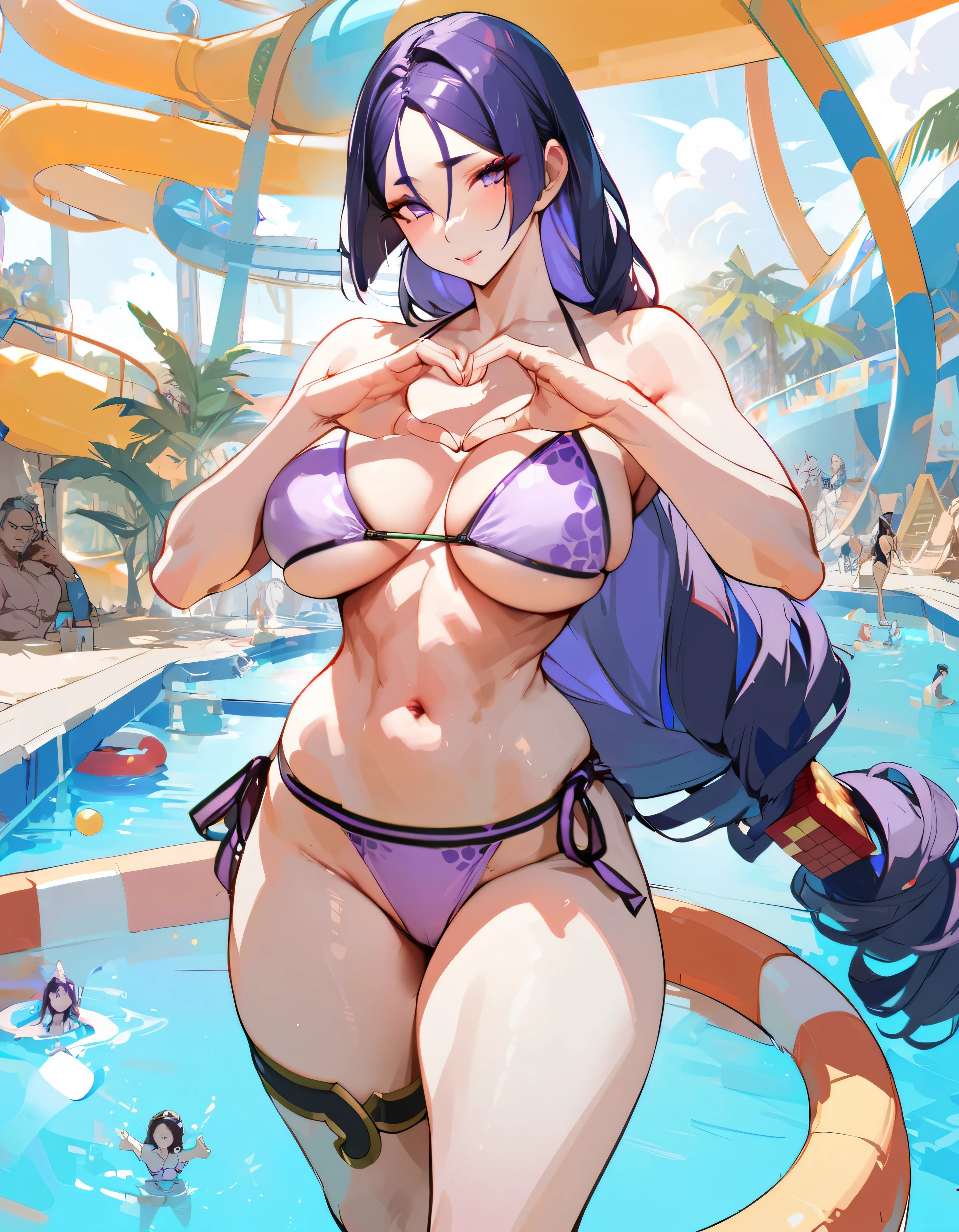 1 girl, Minamoto no Raiko \(lancer swimsuit\) \(fate\), fate/great order, Masterpiece, Best quality, newest, Ideal Anatomy, Slim body, ||||| ||||| Shopping mall, general meeting,Kyle,cutesexybutts , lazerflip ||||| , ,cowboy shot, , , bikini,Slim , Aqua Park, , long hair, purple hair, perfect hands,heart shaped hands
