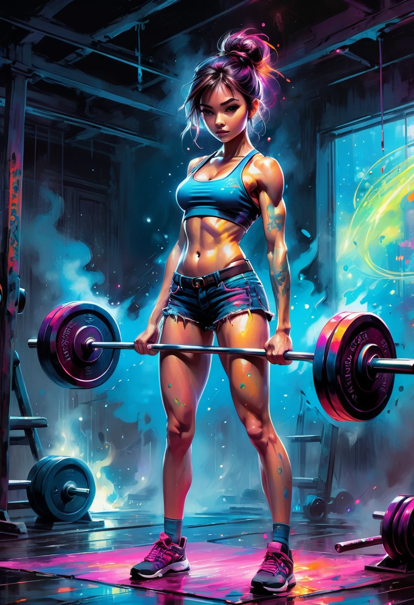 digital brush strokes, cg graphics illustration, neon colored at background, ufo-style studio shading from above, 
anime female muscular picking up barbell with large weights off floor
gym fire dark  background 
style of Jean Baptiste Monge, Thomas Kinkade, David Palumbo, Carne Griffiths.