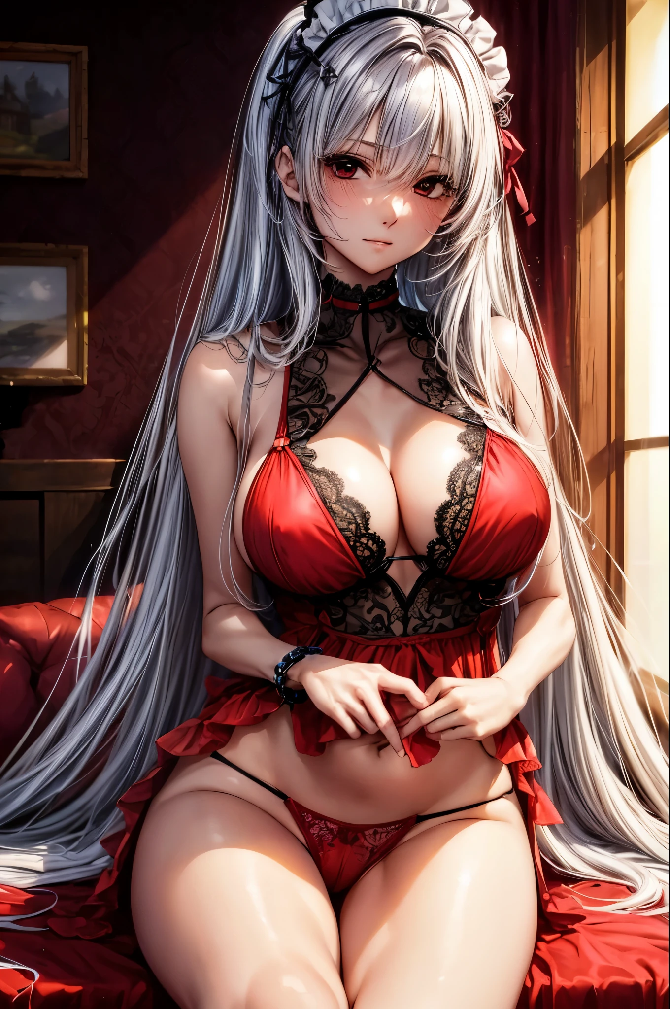 (top quality、masterpiece、very high resolution、super high quality、High quality pixels)、perfect eyes, perfect face, alone,alone, 8k, big breasts,(Detailed description of hair), (Detailed description of face),(detailed description of body), Fair and translucent skin, Gorgeous, long legs, facing the audience, Professional photography lighting, red lingerie, silver hair, (red eyeball: 1.2), maid hair band
