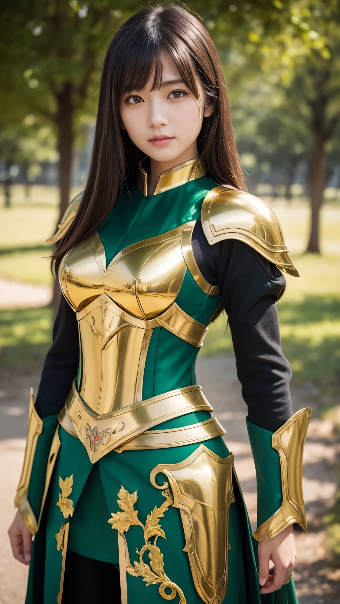 masterpiece,highest quality,ultra high resolution),japanese woman, very beautiful girl, Naïve girl、perfect limbs、perfect anatomy、radiant beautiful skin、Moist eyes、brown shiny hair、Colors and landscapes of youth、Premonition of Love Green and Gold Uniform、 metallic Green armor, high quality costumes, brass armor coat, masterpiece衣装, Green armor, Avan Uniform, gilded black uniform, gold armor suit, quality commander, combat uniform, Embroidered uniform guard, gold obsidian armor, smooth gold armor