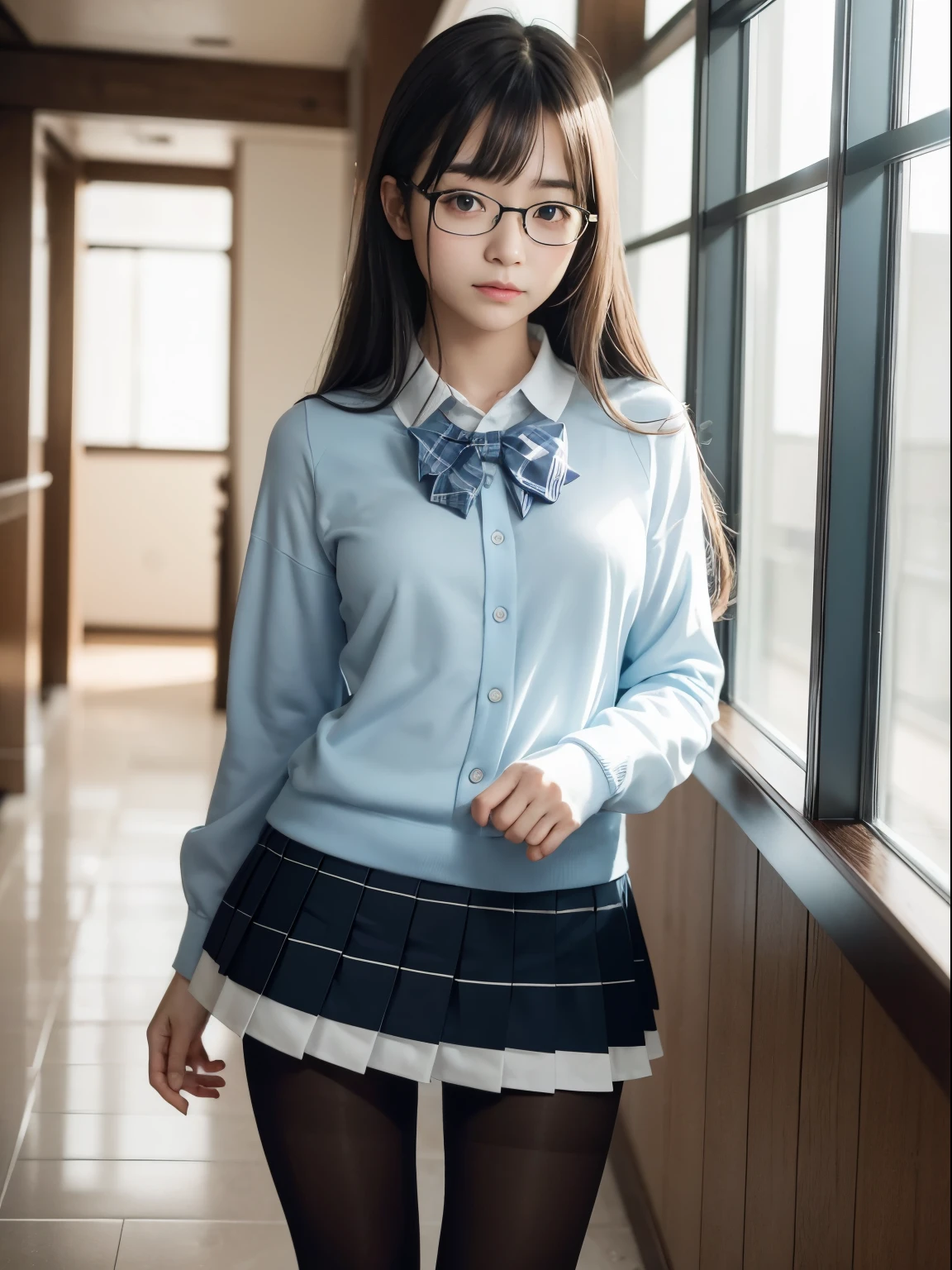 (8k、RAW photography、highest quality、masterpiece:1.2),Cheeky,School,looking at the viewer,Looking at the front,Muchimuchi,erotic,student,Light green Bra,Bra showing through shirt,white skin,knees,,(((black pantyhose)),((black pantyhose)))(((black pantyhose)),((black pantyhose))),absurd,small face,,flat chest,前hairを真ん中から分けます、I can see the forehead,(cold look,きついeye,glare,strong,skinny,skinny)、masterpiece,highest quality、超A high resolution,RAW photo,Len,beautiful feces,one person, solo,glasses,,dark look,small breasts,whole body,丸glasses、cute,JK uniform,high school girl,japanese woman,standing,(Photoreal:1.37)、photon mapping,realistic、beautiful woman,cutesmall face,茶色のeye、black socks、(red bow tie)、radio city、物理ベースのLenダリング、Depth of the bounds written、blurred background、picture,body,age girl,beautiful feet, long legs, thin legs,(前hairが見える), hair, lips, green_eye, nose soft,(light blue shirt), (Navy, blue and white plaid pleated skirt), kneesが見える,thin clothing,, thigh, black cotton socks,Nogizaka Idol, actress, Japanese ID information