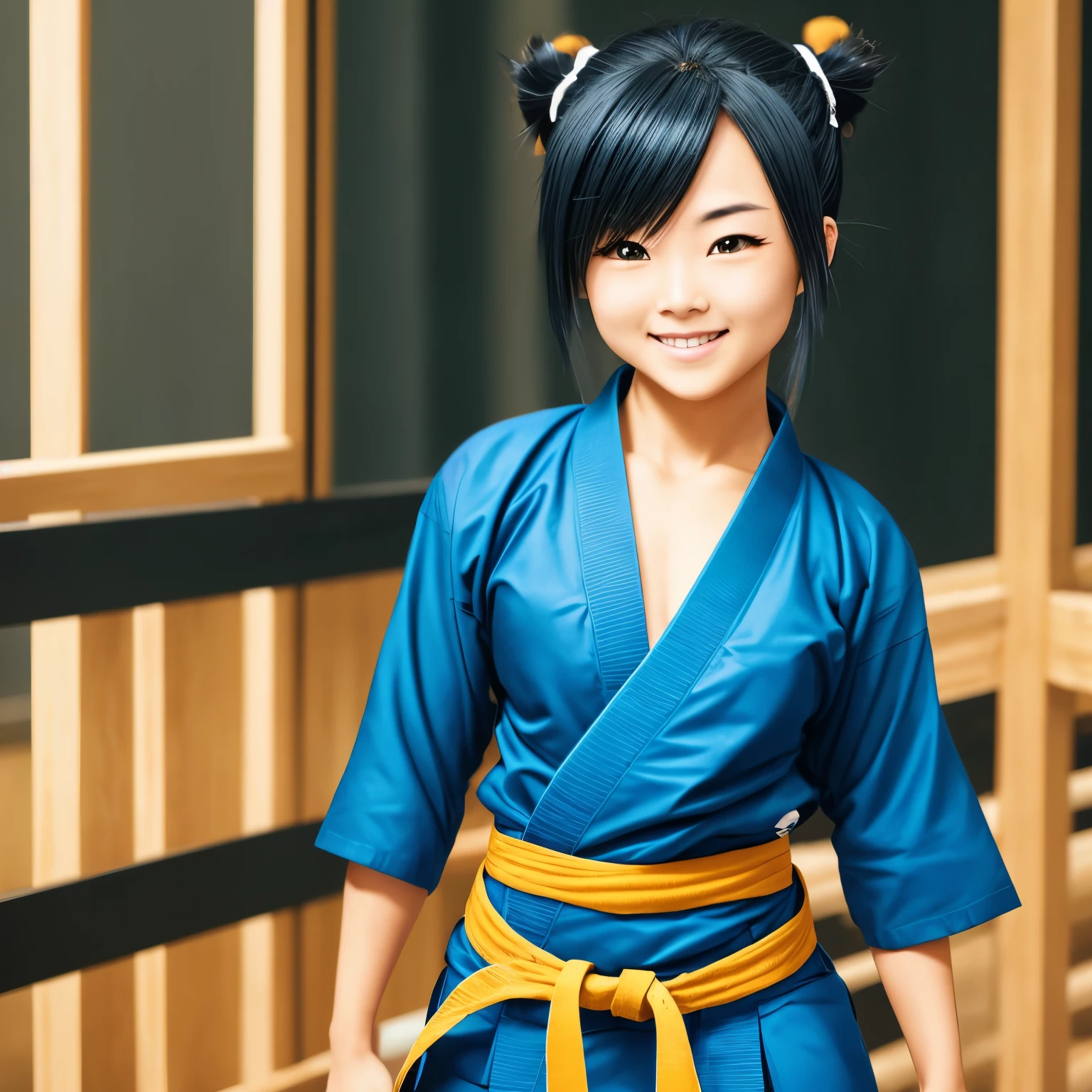 Allyxn Bliss, a martial artist, with black and white hair tie in bun, fair skin, fit physique with abs slight muscles, 175 cm tall, she wore a cyan Gi with obi belt, and light brown martial art's trouser, yellow sash around the shin, then dark blue taichi shoes, anime screencap, shadows, masterpiece, best quality, looking at viewer, facing viewer, (night:1.3), low key, excited, happy, joyful, (blush), smile, wide windows, 1girl, shiny skin, shiny hair(Yoruichi Shihouin from Bleach) style,