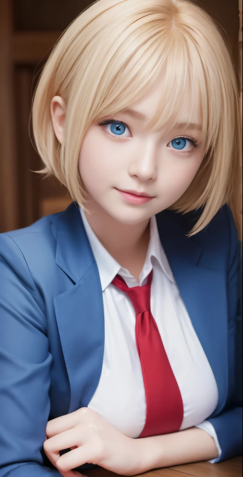 table top、highest quality、 super detailed、High resolution、8k wallpaper、perfect dynamic composition,、detailed and beautiful eyes、(beautiful breasts:1.3) 、blue blazer、white shirt、red tie、teen girl、1 girl、beautiful girl、blonde hair、short hair、blue eyes、blue eyes、blue eyes、baby face、smile、smile