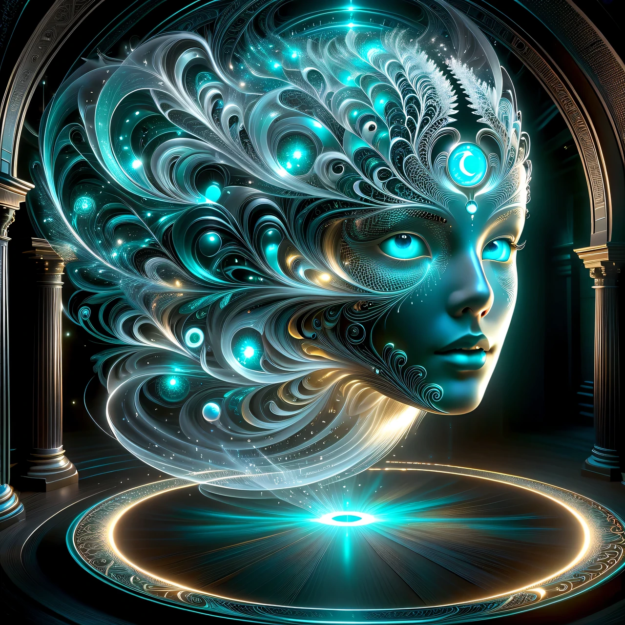 magic circle, a large dark mysterious room with many dark glossy objects, in the center of this dark hall the ghostly cyan color light of the magic circle shines, the ghostly cyan color light from the magic circle reflects from the glossy faces of many objects in the dark hall and creates a mysterious game of reflections and glare, creating the impression of multidimensional space and surreal surrounding reality, cyan color luminous magic circle consists of many thin luminous lines intertwined in the finest intricate filigree patterns, the entire space around is permeated with magical energy, magical rays and discharges come from the magic circle and hit objects and walls, magic circle is shown in detail, highest clarity, highest precision, filigree, highest resolution, 32K, work of a neural network master, Realistic, very detailed