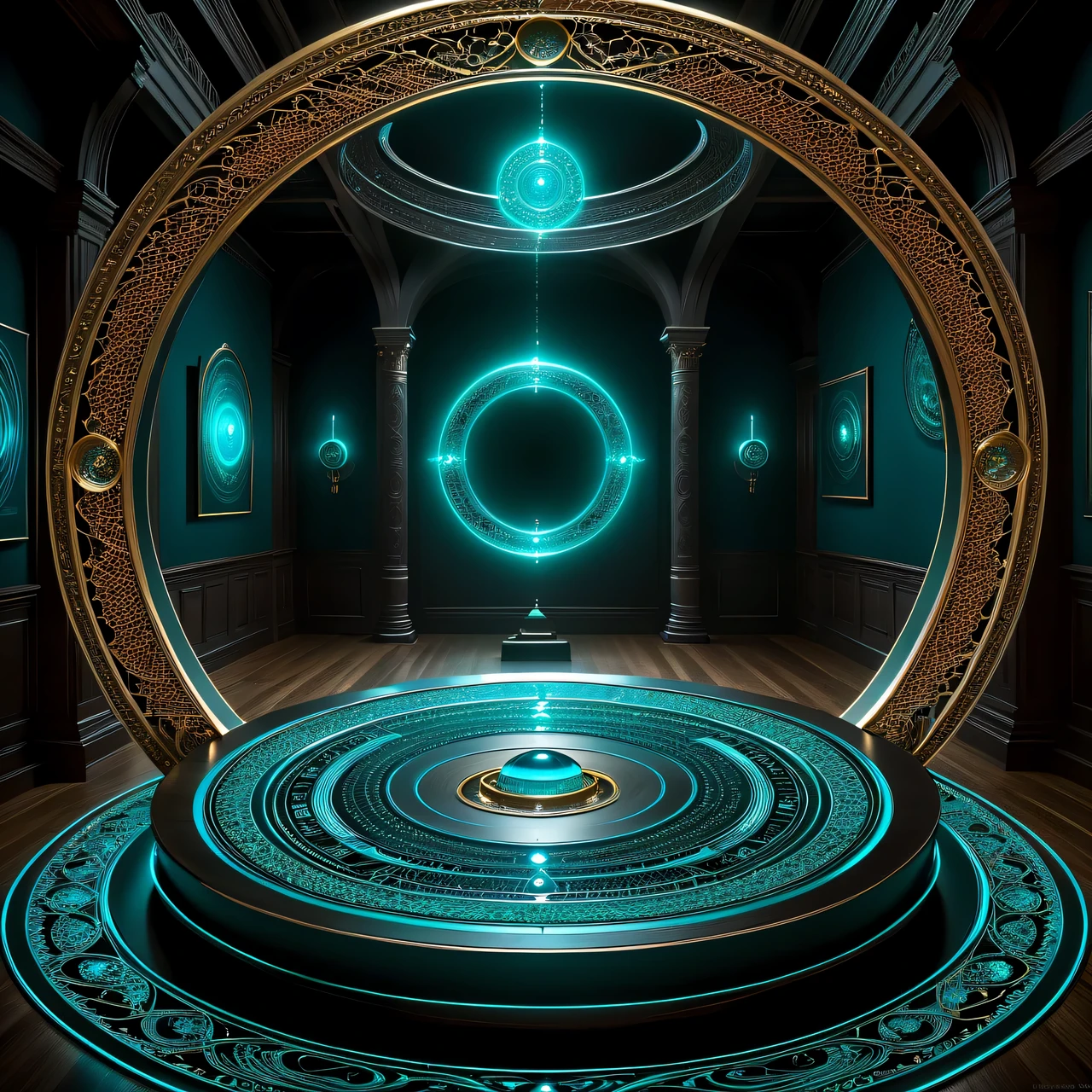 magic circle, a large dark mysterious room with many dark glossy objects, in the center of this dark hall the ghostly cyan color light of the magic circle shines, the ghostly cyan color light from the magic circle reflects from the glossy faces of many objects in the dark hall and creates a mysterious game of reflections and glare, creating the impression of multidimensional space and surreal surrounding reality, cyan color luminous magic circle consists of many thin luminous lines intertwined in the finest intricate filigree patterns, the entire space around is permeated with magical energy, magical rays and discharges come from the magic circle and hit objects and walls, magic circle is shown in detail, highest clarity, highest precision, filigree, highest resolution, 32K, work of a neural network master, Realistic, very detailed