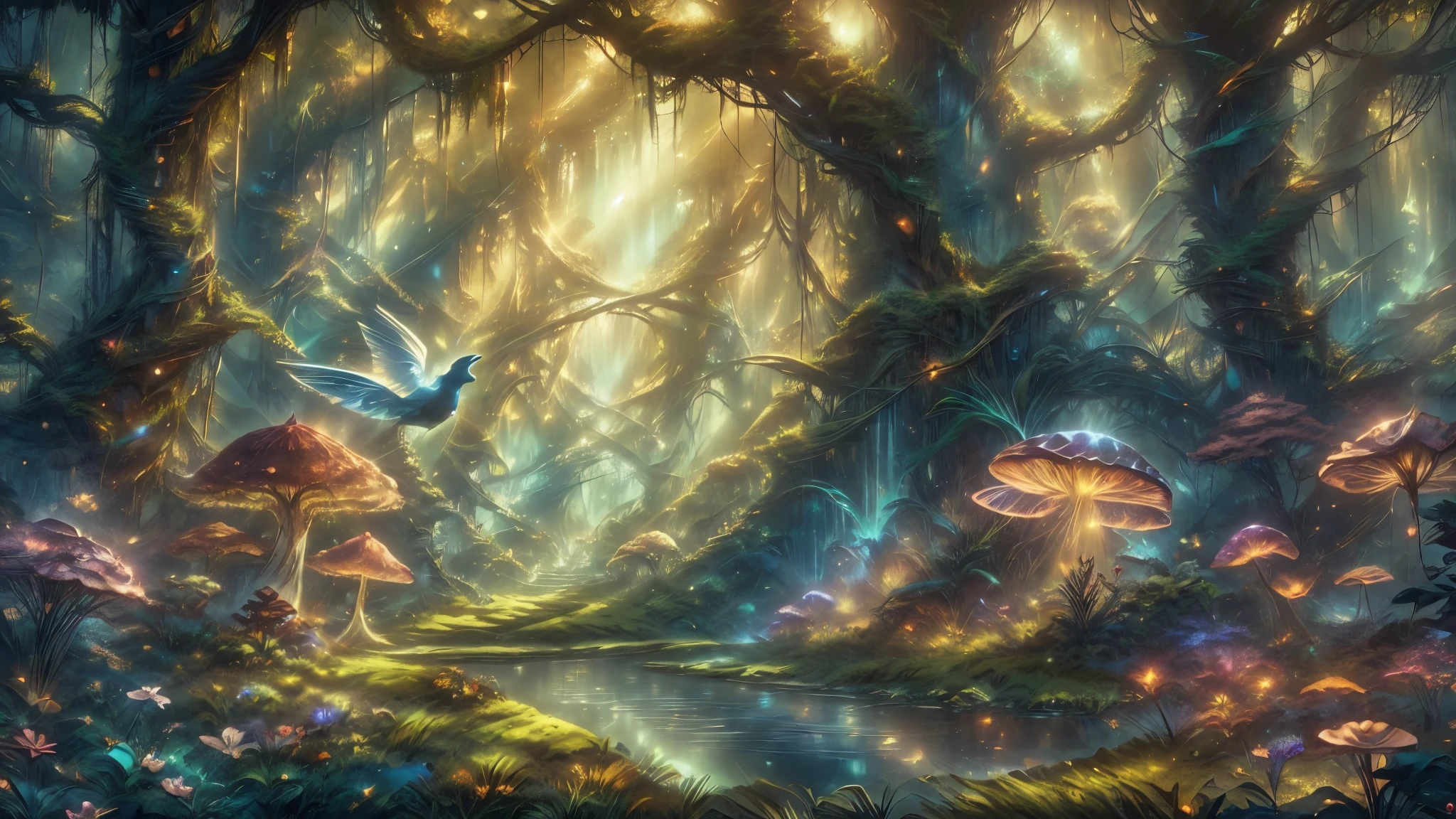 best quality,highres,studio lighting,ultra-fine painting,vivid colors,magical atmosphere,fantasy creatures,sunlight,enchanted forest,glowing plants,sun rays peeking through the trees,mystical beings,ethereal atmosphere,whimsical creatures,dreamlike setting,playful colors,enchanted world,otherworldly creatures,twinkling lights,dappled sunlight,lush foliage,fairy tale-like environment,enchanted realm,colorful flora and fauna,fantastical creatures,ethereal light,glowing mushrooms,sparkling water,mythical creatures,magical glow,enchanted ambiance,colorful birds,serene and peaceful,overgrown vines and flowers,fantastical woodland creatures,peaceful coexistence,harmonious nature,hidden treasures,enchanted secrets,whispering trees,magical whispers,harmony of nature,ethereal magic,breathtaking beauty,mysterious wonder.
