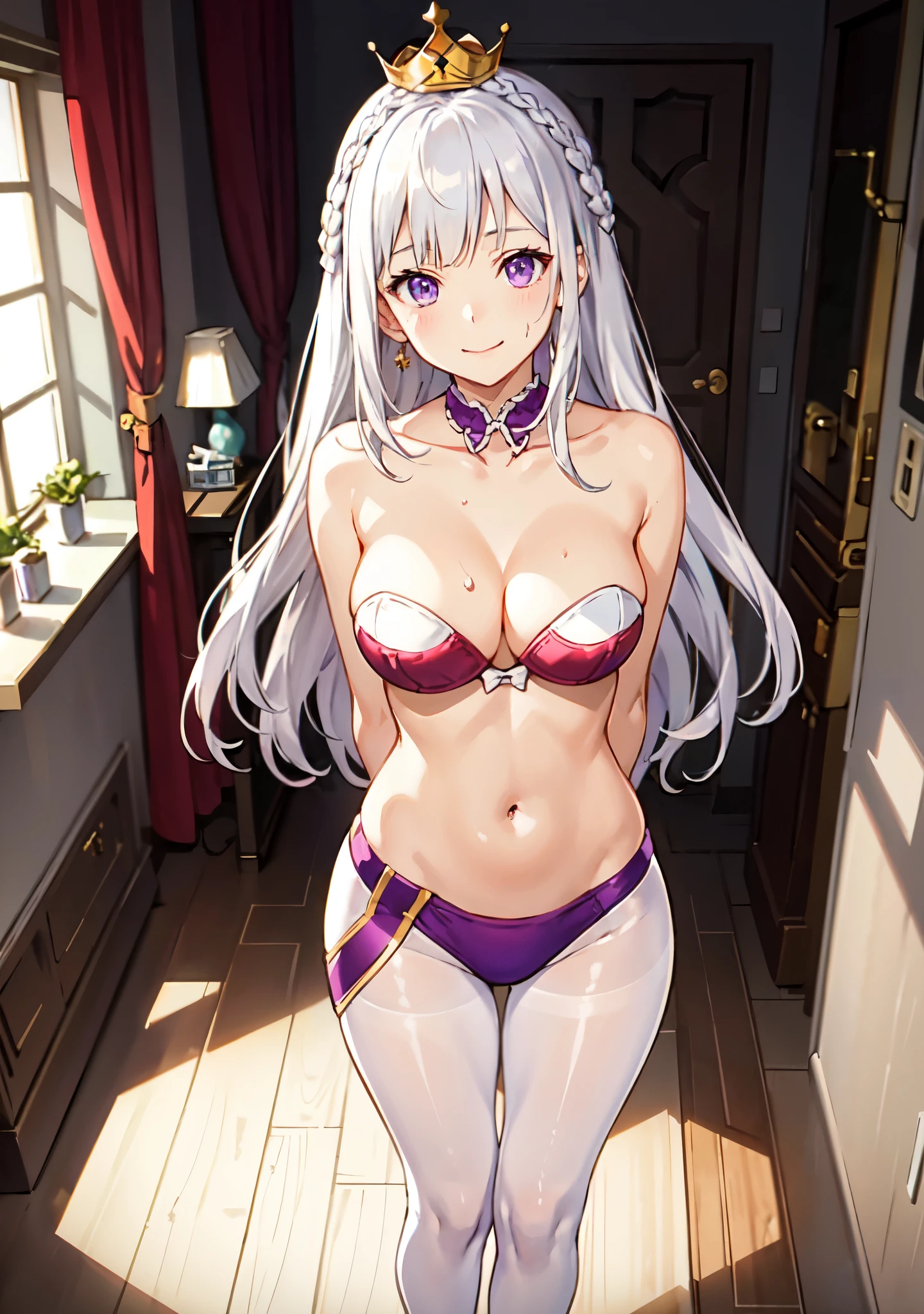 from above,illustration,1girl, purple eyes, silver white hair, long hair, hair ornament, crown braid, Emilia re zero, looking at viewer, light smile, (breast focus), (arms behind back:1.2), average breasts, (breasts out:1.2), midriff, collarbone, bedroom, sweat, Playboy bunny, tight, pantyhose, see-through,