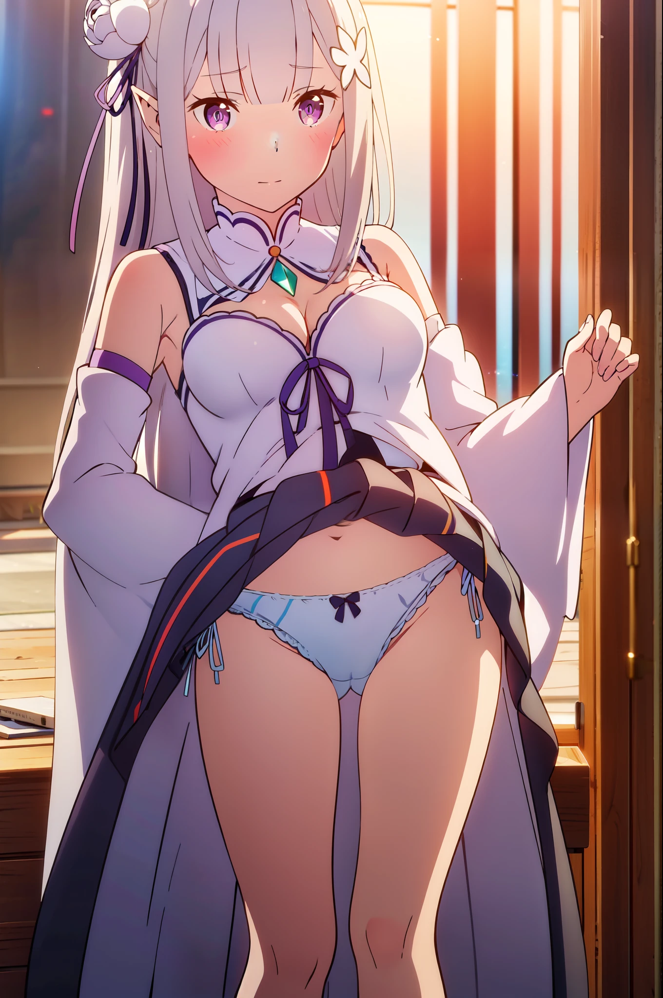 1girl, solo, Emilia, emilia_\(re:zero\), long hair, silver hair, blunt bangs, braid, hair ornament, hair flower, hair ribbon, purple ribbon, purple eyes, blush, low-tied long hair, elf,bare shoulders, detached sleeves, wide sleeves, cleavage, pleated skirt,miniskirt, thighhights, white legwear, white shoes, ,(skirt lift by myself:1.8),skirt lift,showing panties,(side_tie_panties),underwear, outdoorasterpiece:1.2), highres, best quality, 8k, very clear,