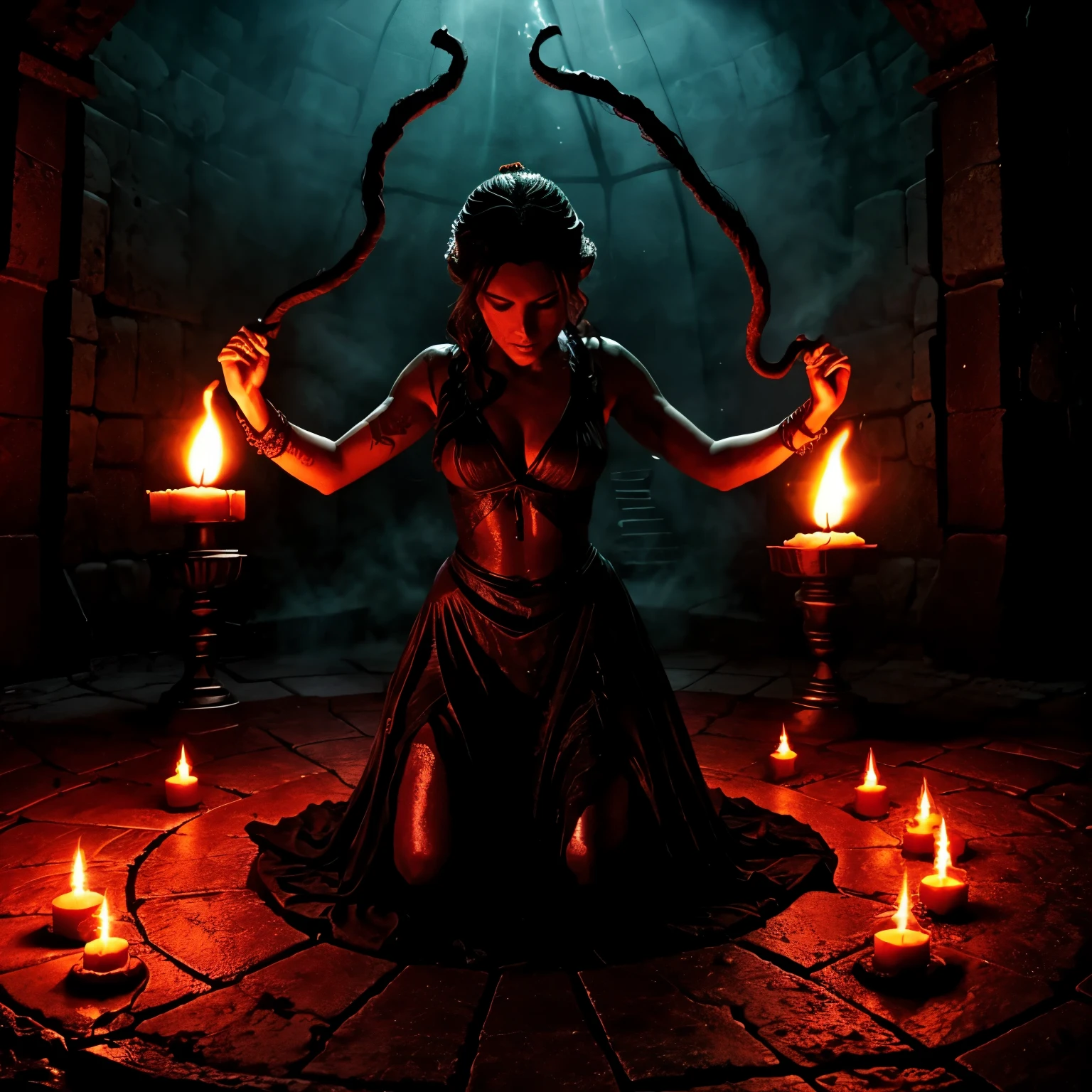 Intricate magic circle glowing with power, trapped succubus pleading for help, volcanic chamber, fiery red chamber walls, billowing smoke, intense heat, ancient runes inscribed on the floor, glowing symbols, flickering flames, ethereal atmosphere, mystical energy, desperate expression, fiery aura, sparks flying, intense red light, smoky tendrils, ominous presence, foreboding shadows, desperate cries for release, magical confinement, swirling vortex, ancient incantations, otherworldly imprisonment, intense emotional turmoil, flickering candle lights, dimly lit, smoldering embers, foreboding atmosphere, intense struggle, eerie silence, tendrils of energy, enchanted atmosphere, unsettling aura, shimmering barrier, intricate magical patterns, pulsating energy, dramatic tension.