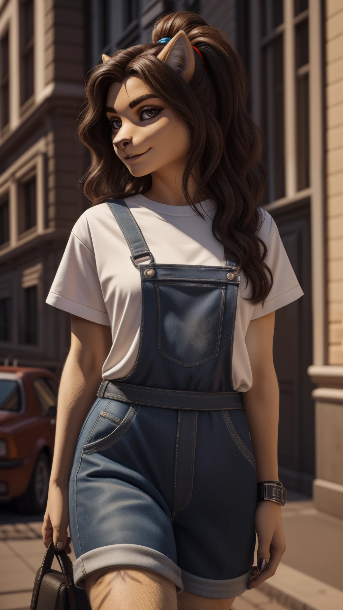 a photo of pho3b3cat3s, a pretty girl, ((24 years old)), street, t-shirt, denim overalls, 1980s, retro, long wavy dark hair ponytail, (work of art), (extremely beautiful wallpaper detailed unit CG 8k), intricate, ((photorealistic)),