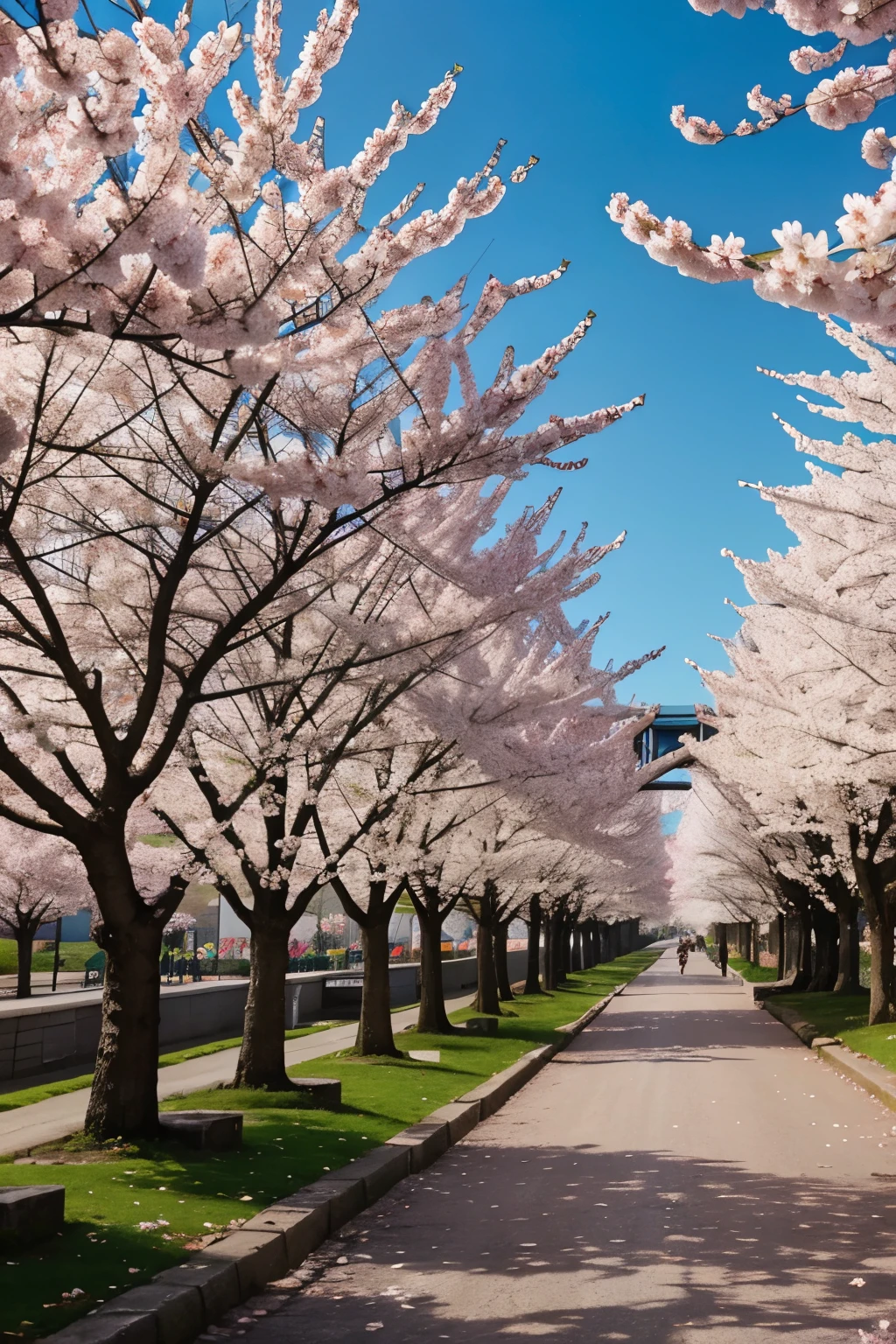 cherry blossom trees in a fantasy city