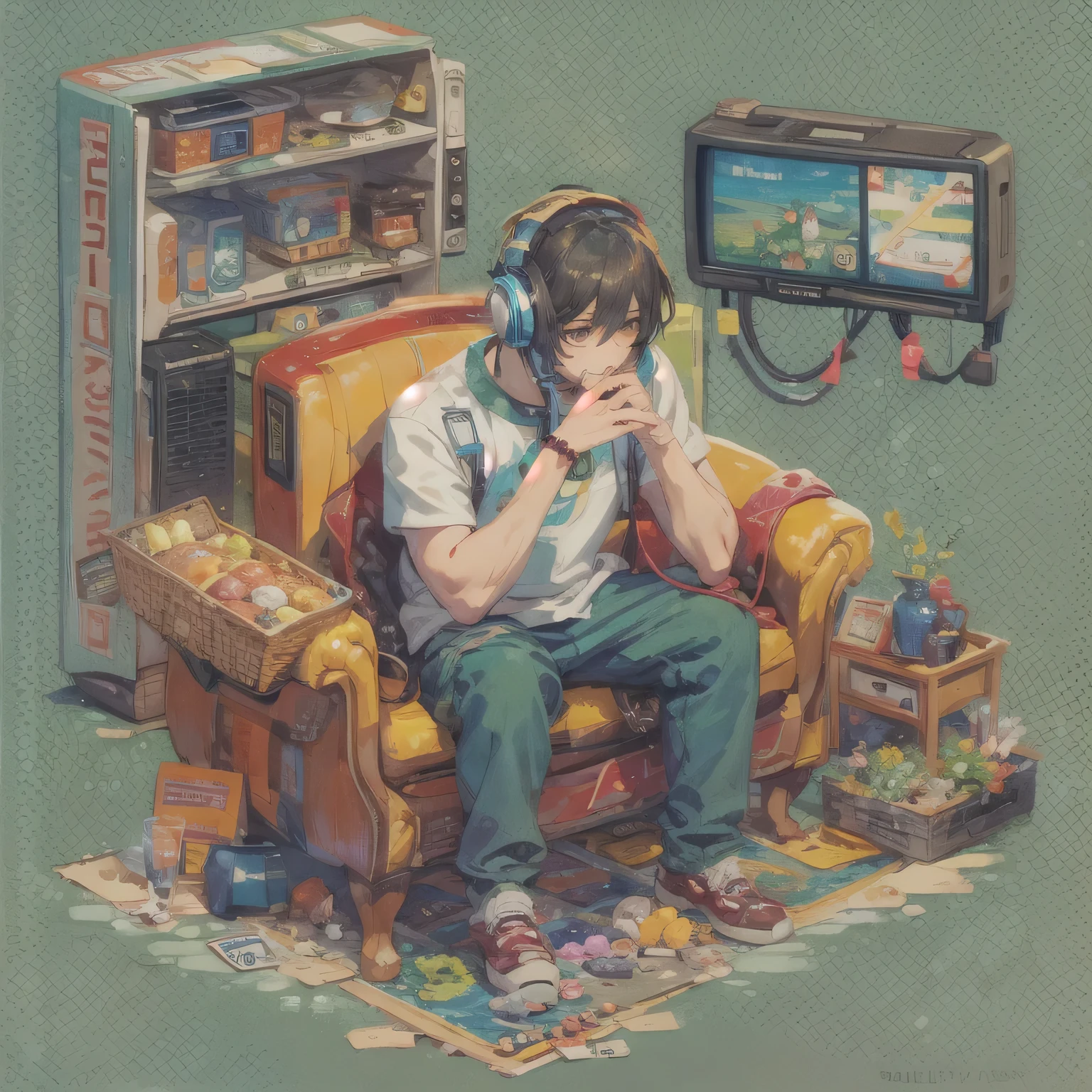 pixel art, fishbowl, fishbowl속 물고기, It's crowded with TVs and miscellaneous things.., a man sitting on trash, An entertainment program is playing on TV.., container, fishbowl을 바라보는 고양이, Handsome man, wear a headset, precise hand