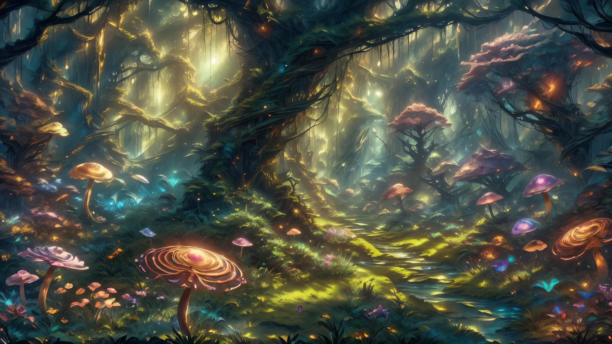 best quality,highres,studio lighting,ultra-fine painting,vivid colors,magical atmosphere,fantasy creatures,sunlight,enchanted forest,glowing plants,sun rays peeking through the trees,mystical beings,ethereal atmosphere,whimsical creatures,dreamlike setting,playful colors,enchanted world,otherworldly creatures,twinkling lights,dappled sunlight,lush foliage,fairy tale-like environment,enchanted realm,colorful flora and fauna,fantastical creatures,ethereal light,glowing mushrooms,sparkling water,mythical creatures,magical glow,enchanted ambiance,colorful birds,serene and peaceful,overgrown vines and flowers,fantastical woodland creatures,peaceful coexistence,harmonious nature,hidden treasures,enchanted secrets,whispering trees,magical whispers,harmony of nature,ethereal magic,breathtaking beauty,mysterious wonder.