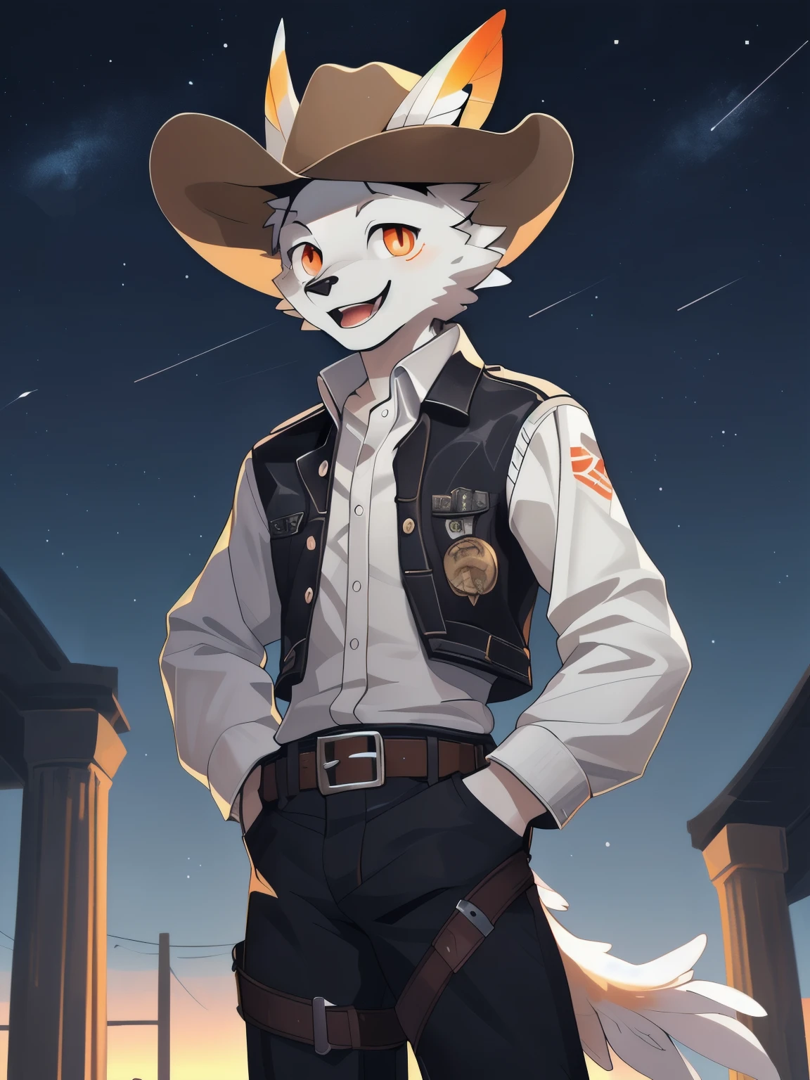 masterpiece, best quality, perfect anatomy, Bright Eyes, Provided by RUHU1145, 透过k0bit0wani, hairy, (moth:1.1),hat,(trigger:0.25), male,( alone:1.1), Loose clothing, (open smile:1.1), insidious , looking at camera), cowboy, (night view:0.4),Feathery antennae,solo, looking at viewer, smile, open mouth, shirt, Iong sleeves, 1boy, hat, animal ears, standing, jacket, tail, male focus, cowboy shot, outdoors, sky, collared shirt, belt, pants, orange eyes, night, feathers, star \(sky\), night sky, furry, buckle, starry sky,hand in pocket, belt buckle, furry male, body fur,hat feather, white fur, pillar