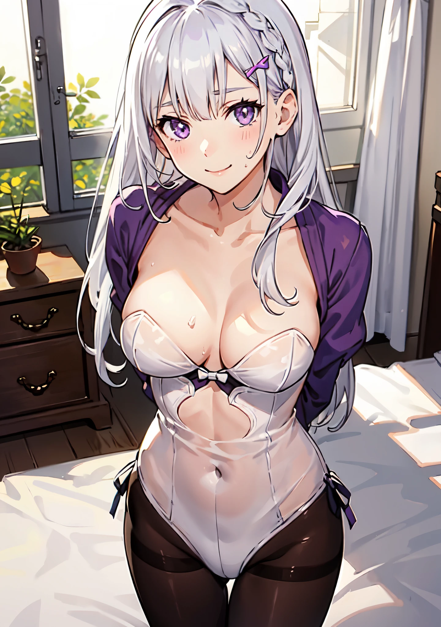 from above,illustration,1girl, purple eyes, silver white hair, long hair, hair ornament, braid, Emilia re zero, looking at viewer, light smile, ( focus), (arms behind back:1.2), average breastasts out:1driff, collarbone, bedroom, sweat, Playboy bunny, tighthose, see-through,