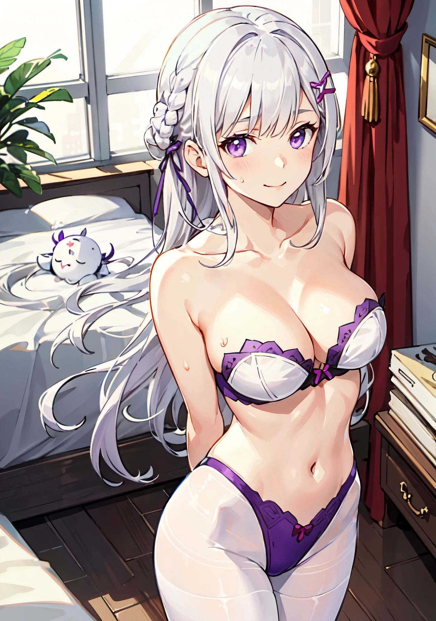 from above,illustration,1girl, purple eyes, silver white hair, long hair, hair ornament, braid, Emilia re zero, looking at viewer, light smile, (breast focus), (arms behind back:1.2), average breasts, (breasts out:1.2), midriff, collarbone, bedroom, sweat, Playboy bunny, tight, pantyhose, see-through,