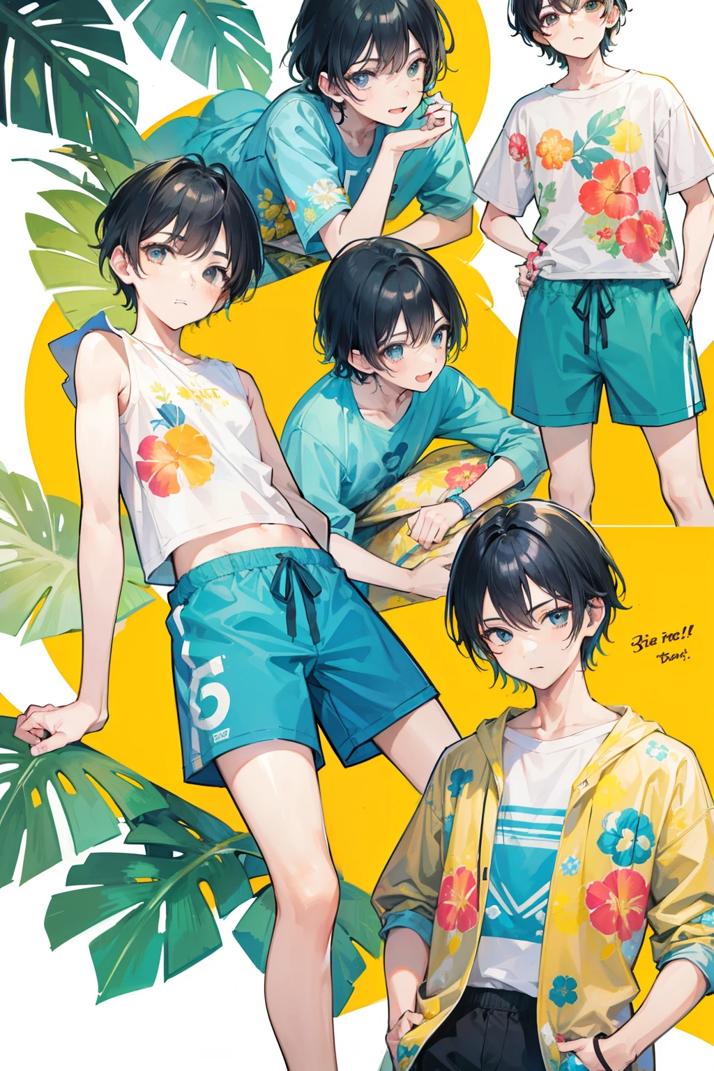 A beautiful boy with a ponytail, dressed in a boomerang pants with an arena logo and lettering, stands as a primary school student.。