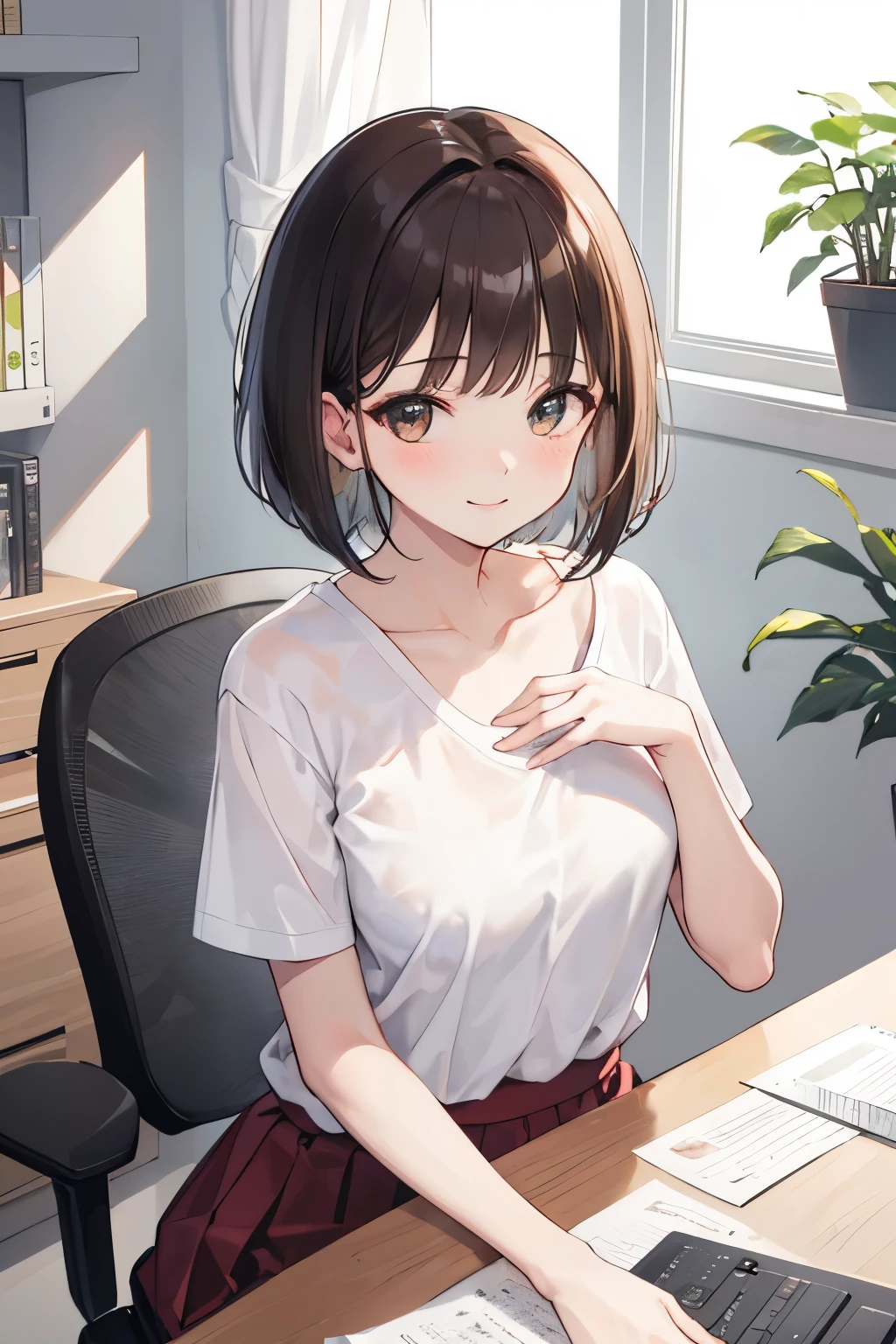 frame in, from right in front of face and body, view straight on, upper body, High quality, very high res, High quality, very high res, cute girl, brown hair, forehead, blunt bangs, bob cut, blush, Brushed up bangs, ((wearing a plain t-shirt)), upright, pleated skirt, sitting in a work chair, leaning forward, ((raise your chest)), smile, at office