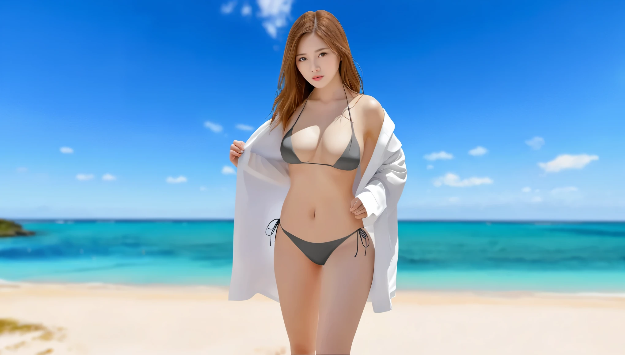 arafed woman in a bikini and a white coat on a beach, realistic bikini, gorgeous young korean woman, hot with shining sun, photorealistic perfect body, korean girl, beautiful young korean woman, beautiful south korean woman, realistic young gravure idol, korean woman, young sensual gravure idol, young pretty gravure idol, heonhwa choe, swimsuit