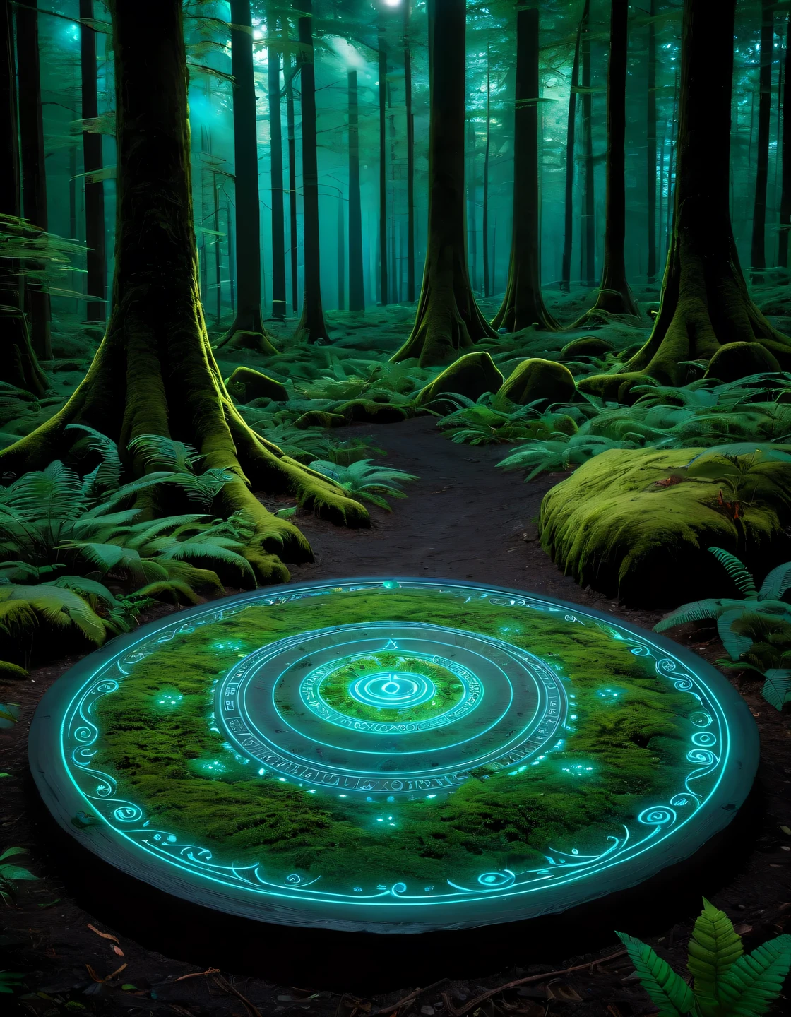 In the middle of a fantastic magical forest with never-before-seen bioluminescent plants and trees., The Magic Circle, drawn on the ground, glows, magic circle, drawn on the ground, consists of magical energies., magic comes from this magic circle, show as realistically and naturally as possible, high smoothness of textures, high resolution objects, 32K, Handperdetalandzand, Surreal stand sci-fiandand stand, DAZ 3D, real stand, Brush stroke, unreal dart 5, Ultrareal stand, Detailed painting, Stunningly real stand, Very detailed photos