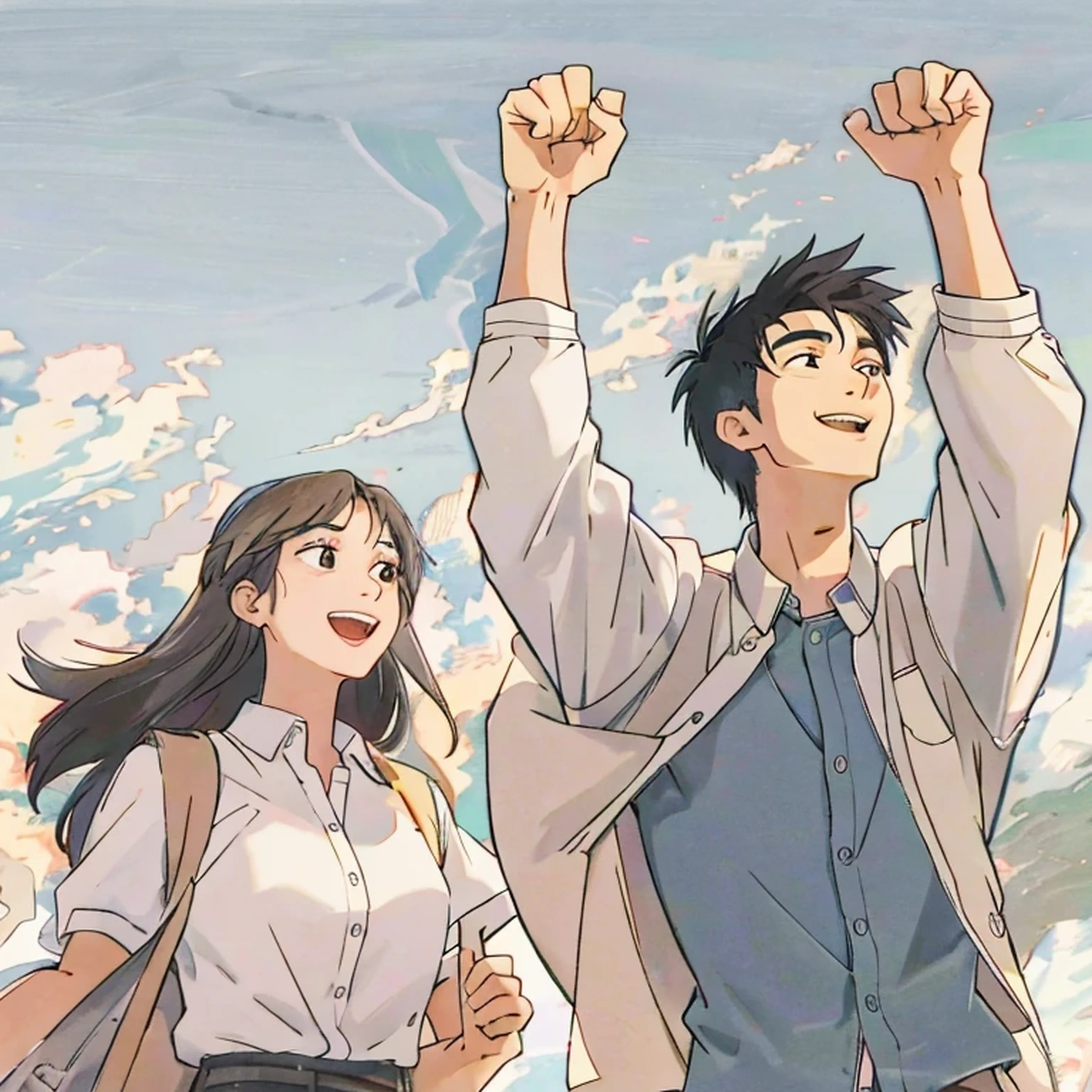 20 year old Asian male character, 20 year old Asian female character, stand together, Look at the sky, cute smile, Energetic, clenched fist gesture, common goal, Half body, Successful people, Business Casual, no background
