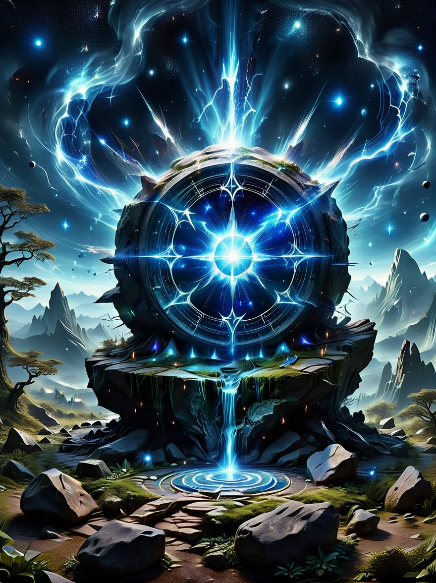 （dark fantasy），（super wide angle），Ancient boulder magic circle，Desolate Highlands，Ancient forest，Weathered rock，Six pointed star layout，Constellation Alignment，Mysterious runes，blue light，Night lightning，energy，Creature Summoning，The wizard chants and whispers，air cracks，Burn the eyes，darkness and fear，Mysterious and dangerous atmosphere，Electroluminescence，dreamy glow，concept digital art，（masterpiece，best quality，ultra high definition，Extremely detailed，illumination）