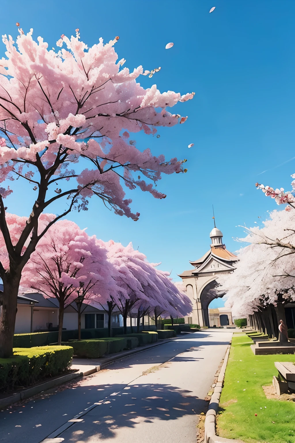 cherry blossom trees in a fantasy city