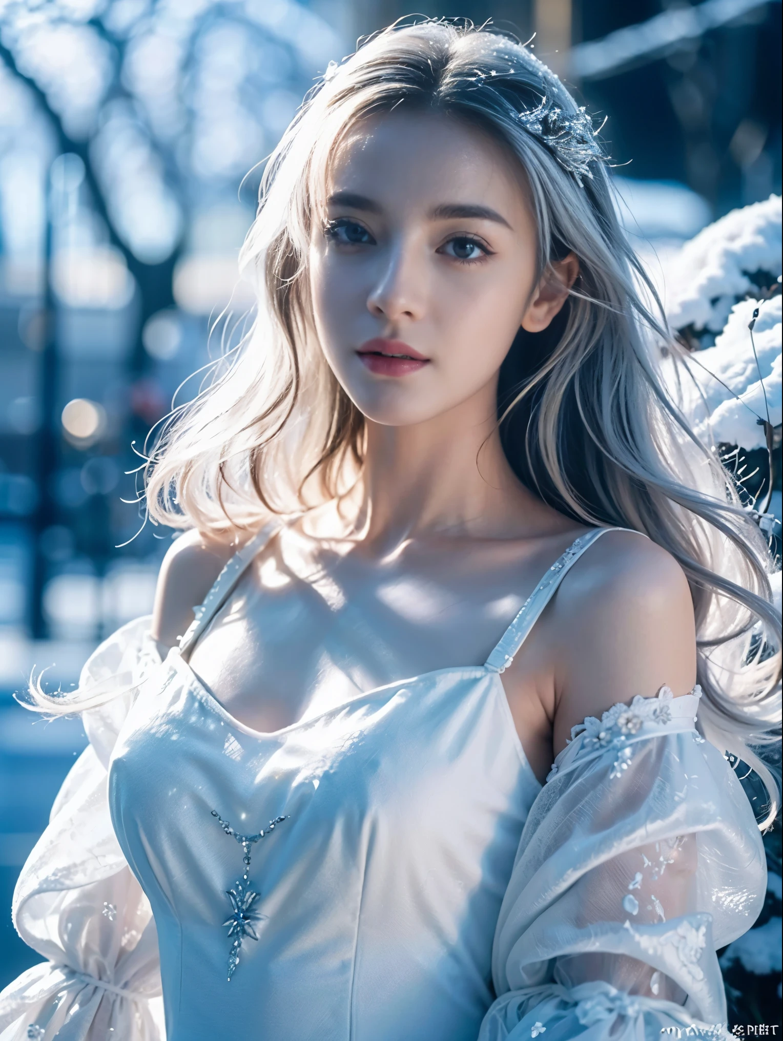 (((masterpiece))), best quality, illustration, 4k wallpaper, movie lighting, absurd, 1 girl,(snow,ice), snow花, in winter, white hair, shiny hair, curls, transparent clothes, frills, lace, wet clothes, leave_Shoulder, hair tie,masterpiece, telephoto lens, absurd, Exquisite facial features,record,Poster composition,pose elegantly,,Natural light,soft light,(Seven-part combination) ,epic,Dreamy and magical,mystery