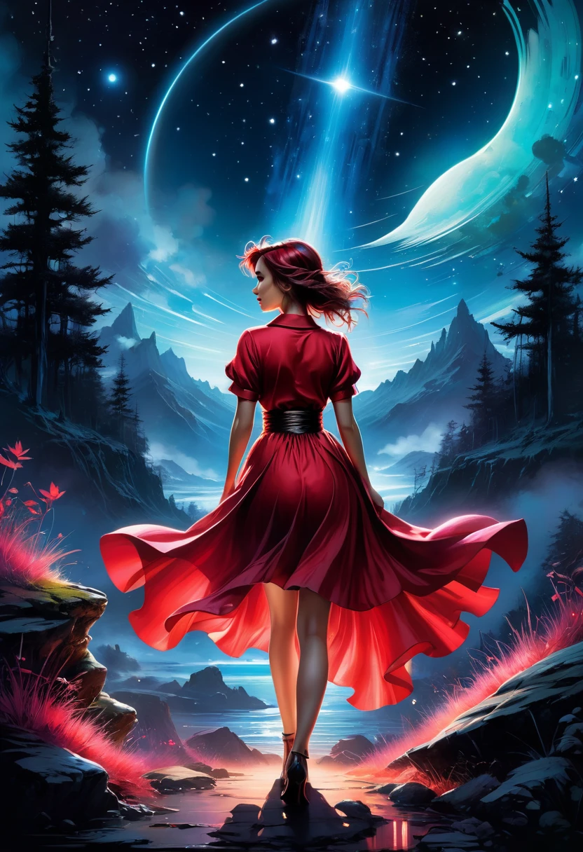 digital brush strokes, cg graphics illustration, neon colored at background, ufo-style studio shading from above, 
Beautiful Woman scared  of the man. Digital art. Anime. Beautiful woman wearing red dress  and man is wearing maroon shirt. Beautiful nature black night scenery background. Beautiful large night scenery background wallpaper. Perfect face cut , unreal engine, global illumination, detailed and intricate environment
style of Jean Baptiste Monge, Thomas Kinkade, David Palumbo, Carne Griffiths.