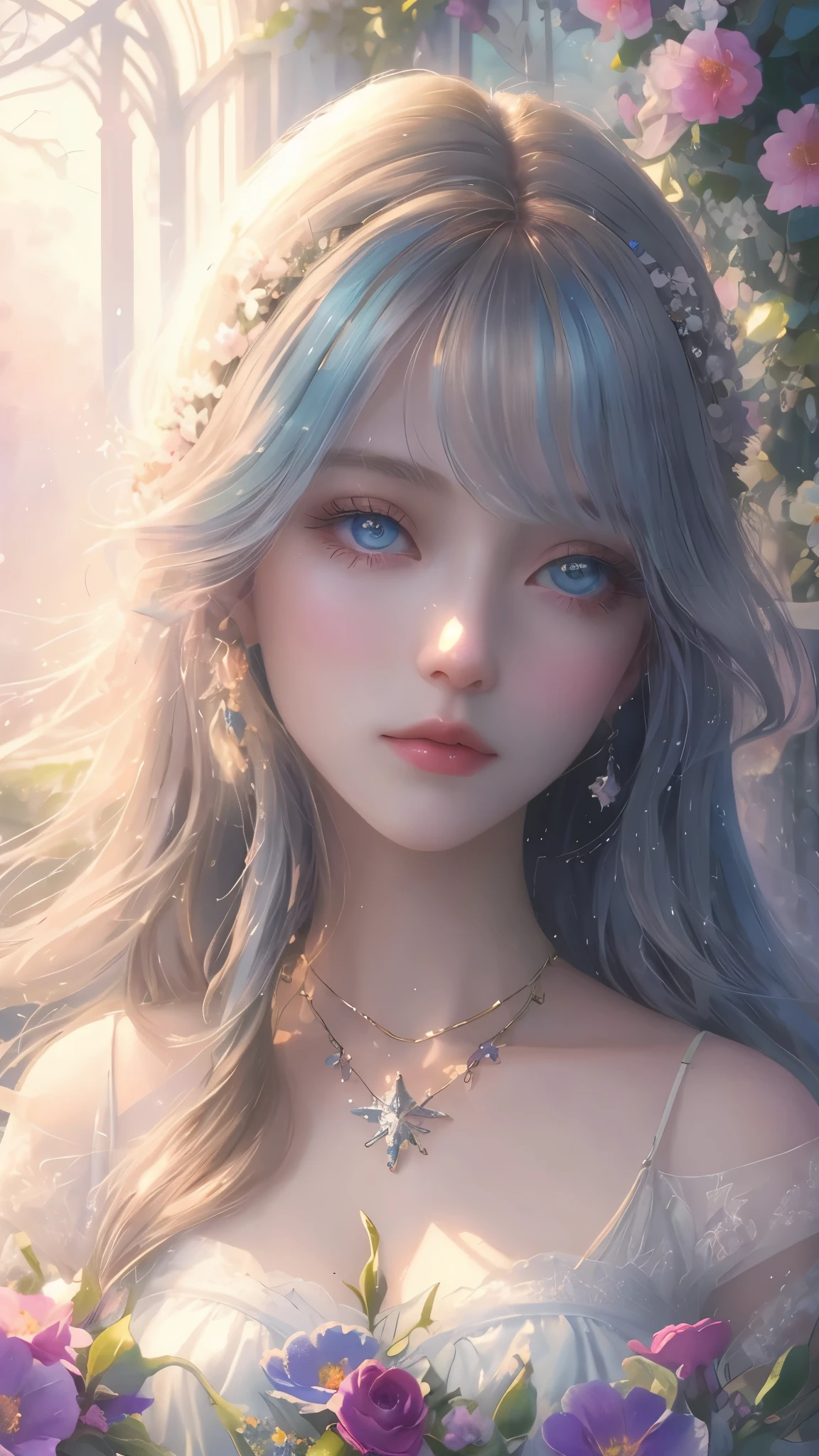 (high quality, 8k), (soft light), Rainbow-colored, one girl, detailed face, fine eyes, watercolor paiting, so magical and dreamy, dreamy and detailed, dreamy atmosphereとドラマ, gorgeous atmosphere, fantastic beautiful lighting, dreamy atmosphere, beautiful atmosphere, dreamy romantic, fantastic dreamy theme, magical atmosphere, beautiful atmosphere, anime background art, magical atmosphere + table top, dreamy aesthetics, Beautiful details with atmosphere, lots of flowers, bubble, water, flower garden