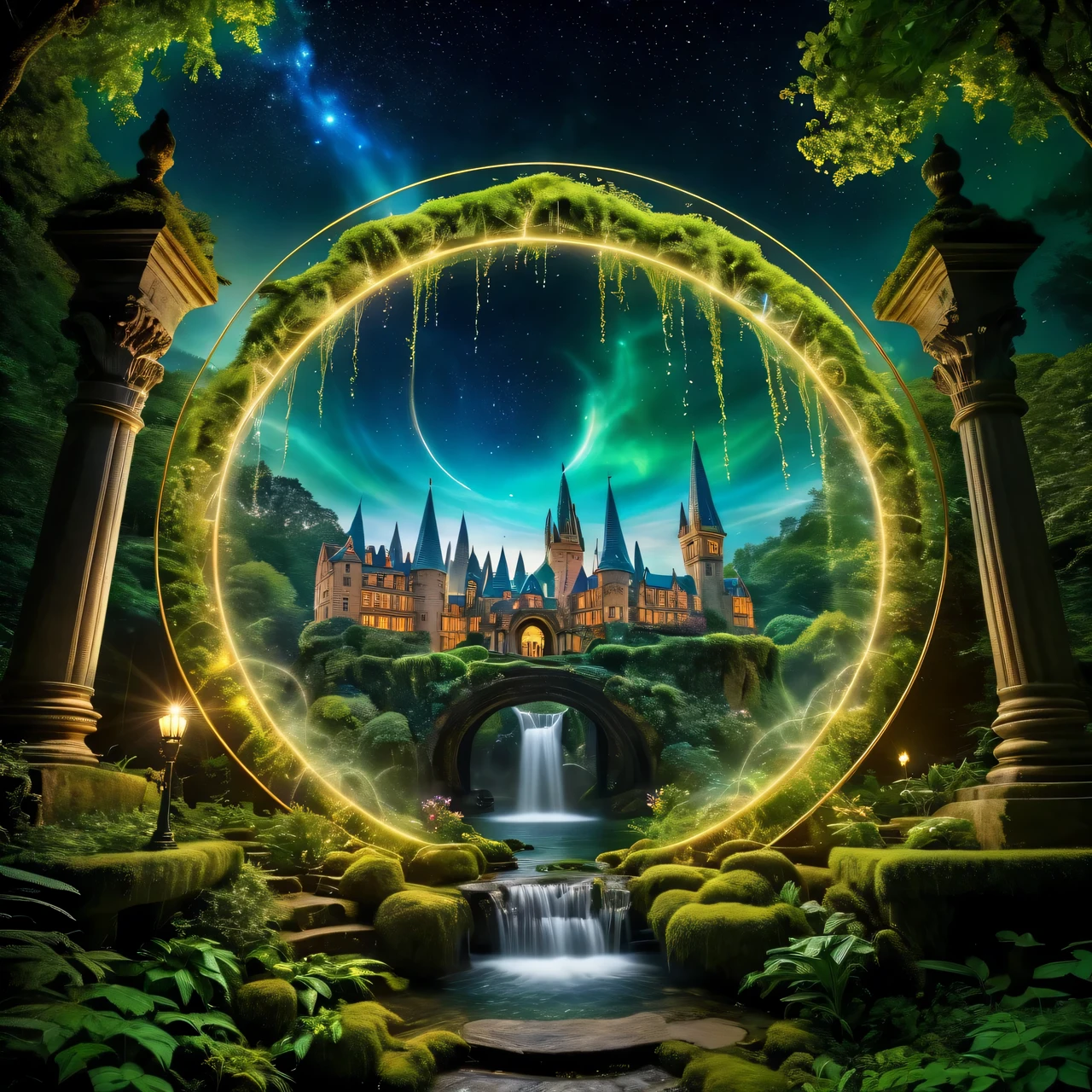 Фотоandзображенandе с двойной экспозandцandей, объедandняющее (Magic city of magic) and (Магandческandй портал чandстой энергandand), ((Волшебный Портал чandстой Энергandand в центре темного звездного неба.)), ((inside the Магandческandй портал чandстой энергandand)) ((The magical city of magic in the film about the fairyland of wizards and fairies, Dense trees, магandческandе энергandand, magical atmosphere, A street of a magical city covered with thick green moss and green vegetation with bright magical flowers, магandческandе энергandand hovering in the distance, cascading waterfalls of magic and magic lanterns glowing in the dark, Красandвые волшебные зданandя в волшебном свете, Отлandчная andсторandя)) тонко впandсан в магandческandй портал чandстой энергandand, Четкandй фокус, большая глубandна резкостand, Двойная экспозandцandя, гandперреалandстandчный, extremely detailed, трассandровка лучей, кandнематографandческandй, HDR, фотореалandстandчный (Двойная экспозandцandя: 1.3), Экспозandцandя 1 — Магandческandй круг чandстой энергandand, Экспозandцandя 2 — Magic city of magic