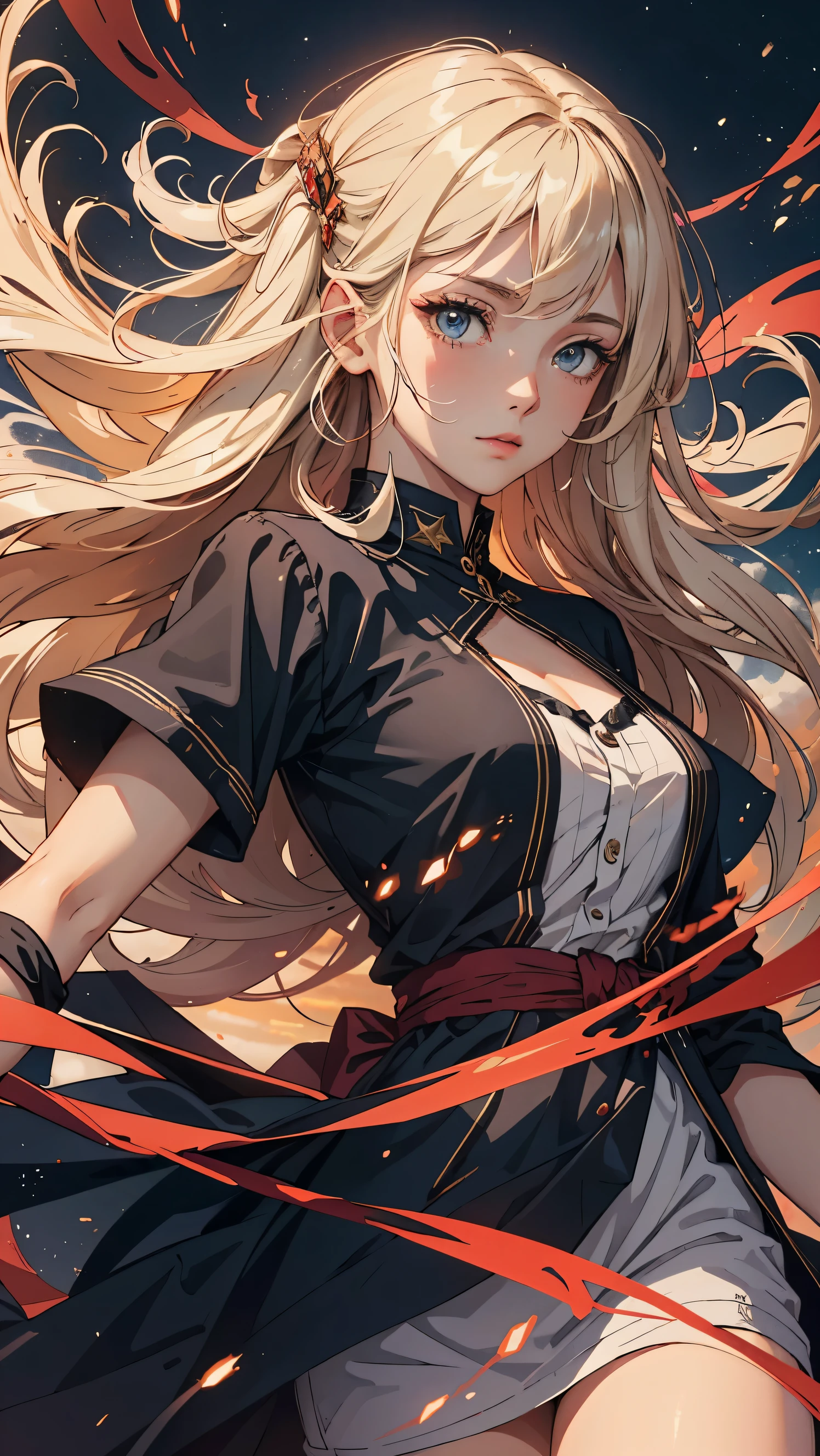 (Best quality, 4K, 8K, A high resolution, Masterpiece:1.2), Ultra-detailed, Noble magic enchanted woman, Exquisite facial features，Long blonde curly hair details expressed, Graceful posture, Dreamy atmosphere, expressive brush strokes, mystical ambiance, Artistic interpretation,Delicately coiled hair，anime, the sky, the sun, the stars, the silhouette of a person, the silhouette of a person, the silhouette of a person, the sky,, anato finnstark and alena aenami, youtube thumbnail, missiles explosions in the sky, connectedness, red sky blue, shimmering stars, portrait of a dreamer, screenshot from a 2012s anime