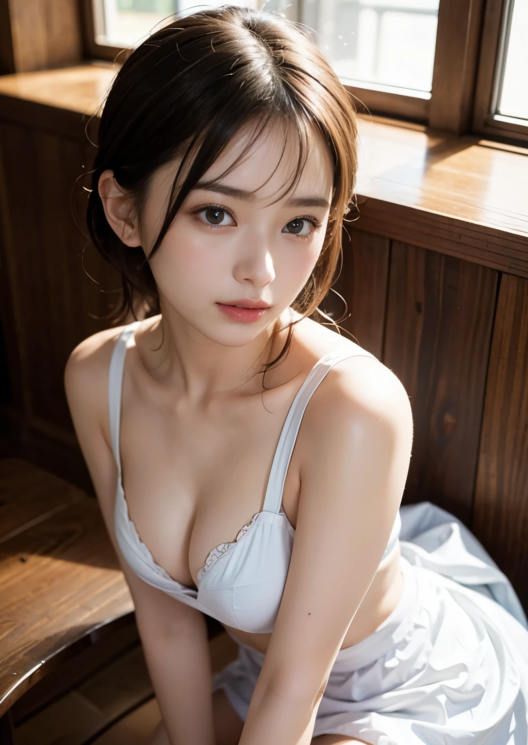 (8KHigh resolution), (highest quality), (RAW image quality),(table top:1.2), (realistic), (realistic:1.37), goose egg face,White-eye,long eyelashes,double eyelid,（Live-action realistic style）,ultimate face,realistic light and shadow,clear facial features,milky white skin,Fair skin, high detail skin,realistic skin details,visible pores,（Super detailed）,hair length is random, （flowing hair）,Take the best portraits,,Super detailedな, 1-Girl, cute,beautiful and detailed eyes, beautifully detailed nose, highly detailed skin,whole body ,(eye contact),(big breasts、ample breasts)、(double eyelidの美しい顔),((whole body画像)), (realism: 1.4),High resolution, excellent details, ultra High resolution, (Please show your best smile to the audience),,delicate and beautiful face,,20-year-old,(beautiful face 1.4),thin,naked apron、heart pink apron、I&#39;m not wearing a bra、I&#39;m not wearing panties、cleavage、(whole bodyショットです.),kitchen