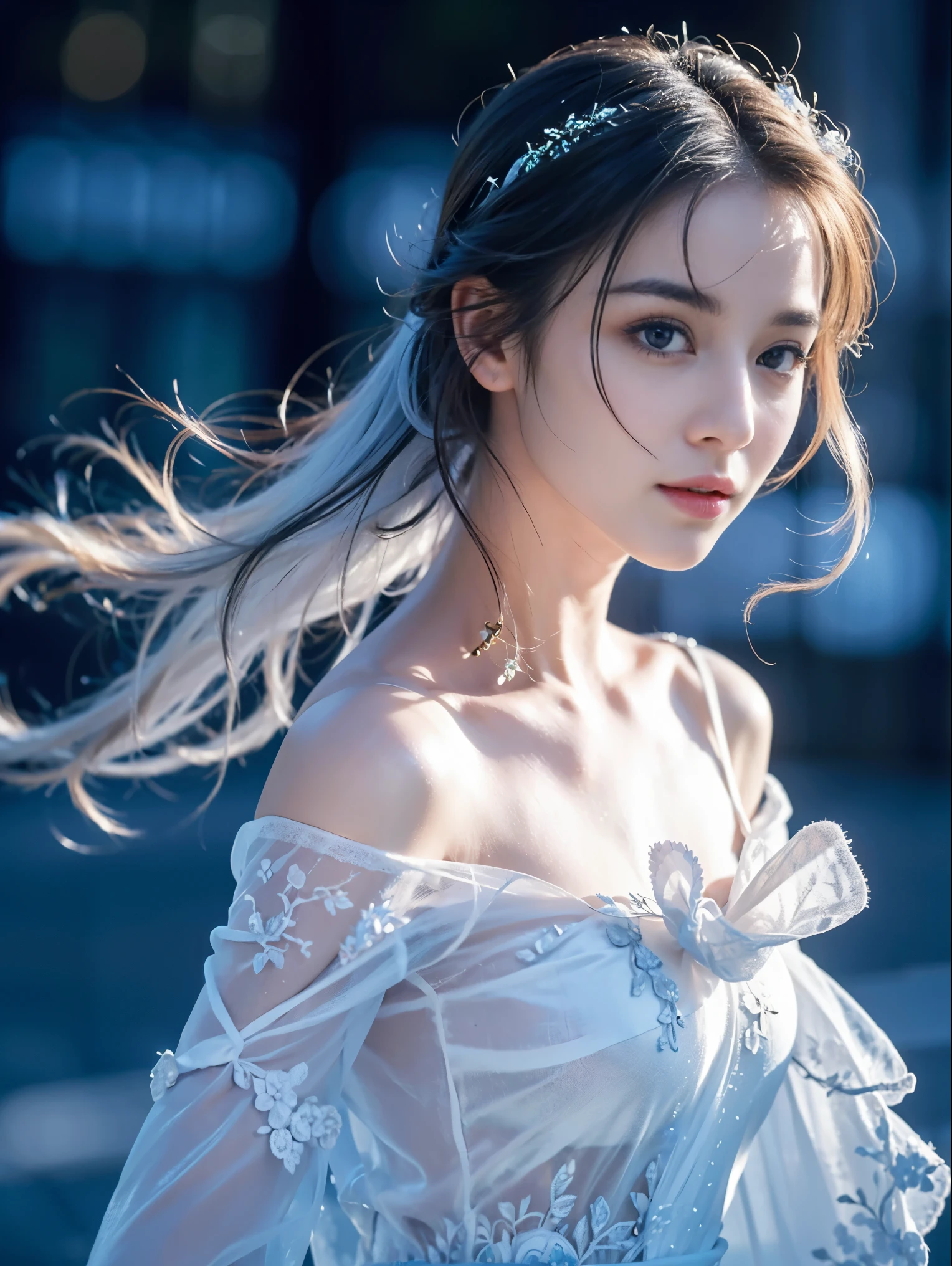 (((masterpiece))), best quality, illustration, 4k wallpaper, movie lighting, absurd, 1 girl,(snow,ice), snow花, in winter, white hair, shiny hair, curls, transparent clothes, frills, lace, wet clothes, leave_Shoulder, hair tie,masterpiece, telephoto lens, absurd, Exquisite facial features,record,Poster composition,pose elegantly,,Natural light,soft light,(Seven-part combination) ,epic,Dreamy and magical,mystery