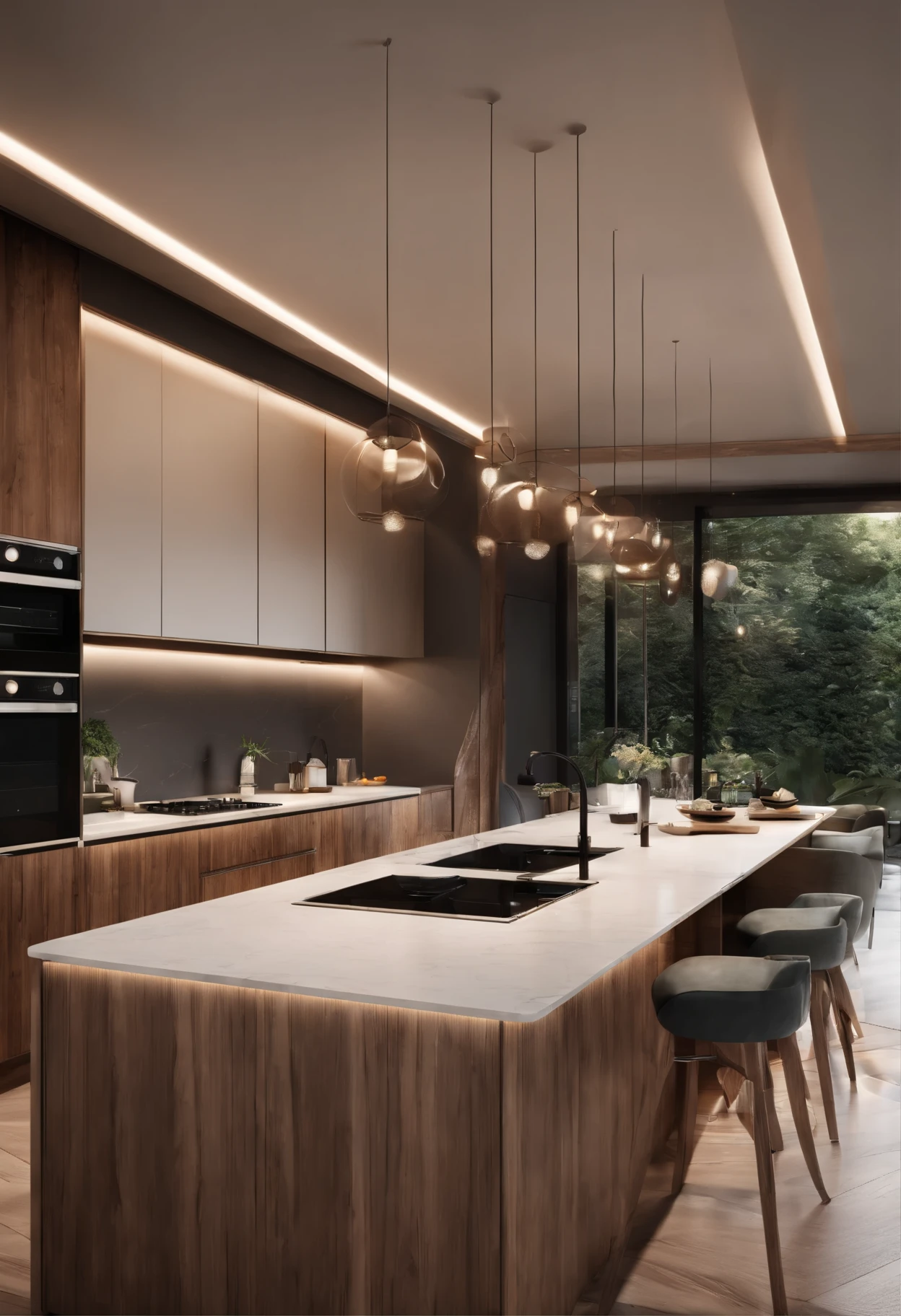 Professional 3d architecture rendering design for  so modern and minimal style kitchen with wood cabinet and ceiling lighting 