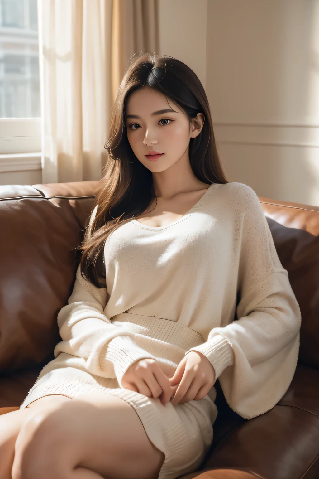 (best quality,4K,high resolution,chef-d&#39;artwork:1.2),ultra-detailed,realistic,soft lighting,une fille assise sur un canapé confortable,croiser les jambes,Warm, soft lighting,detailed face,Beautiful detailed eyes,beautiful detailed lips,ambiance douce et cosy,expression détendue et sereine,textures fines sur le tissu du canapé,tons de couleurs chaudes,environnement paisible et harmonieux,luxurious and sophisticated setting,exquisite details in interior decoration,ombres et reflets subtils sur le visage de la fille,bords nets et concentration nette sur les traits de la fille,subtle reflections and reflections on the surface of the sofa,plis et plis délicats sur les vêtements de la fille,profondeur et dimension impressionnantes dans la composition globale,bright, vibrant colors that enhance the&#39;impact visuel,ambiance riche et accueillante,artworks d&#39;professional artists with precise attention to detail,aesthetic balance and visual harmony,creating a feeling of tranquility and comfort,intricate patterns and textures to add visual interest and complexity,careful rendering of light and shadow to enhance realism and depth,un mélange parfait de réalisme et d&#39;Artistic interpretation,a captivating depiction of serenity and&#39;Elegance,invoquant une sensation de chaleur et de confort,an artwork that captures the beauty and grace of une fille assise sur un canapé confortable