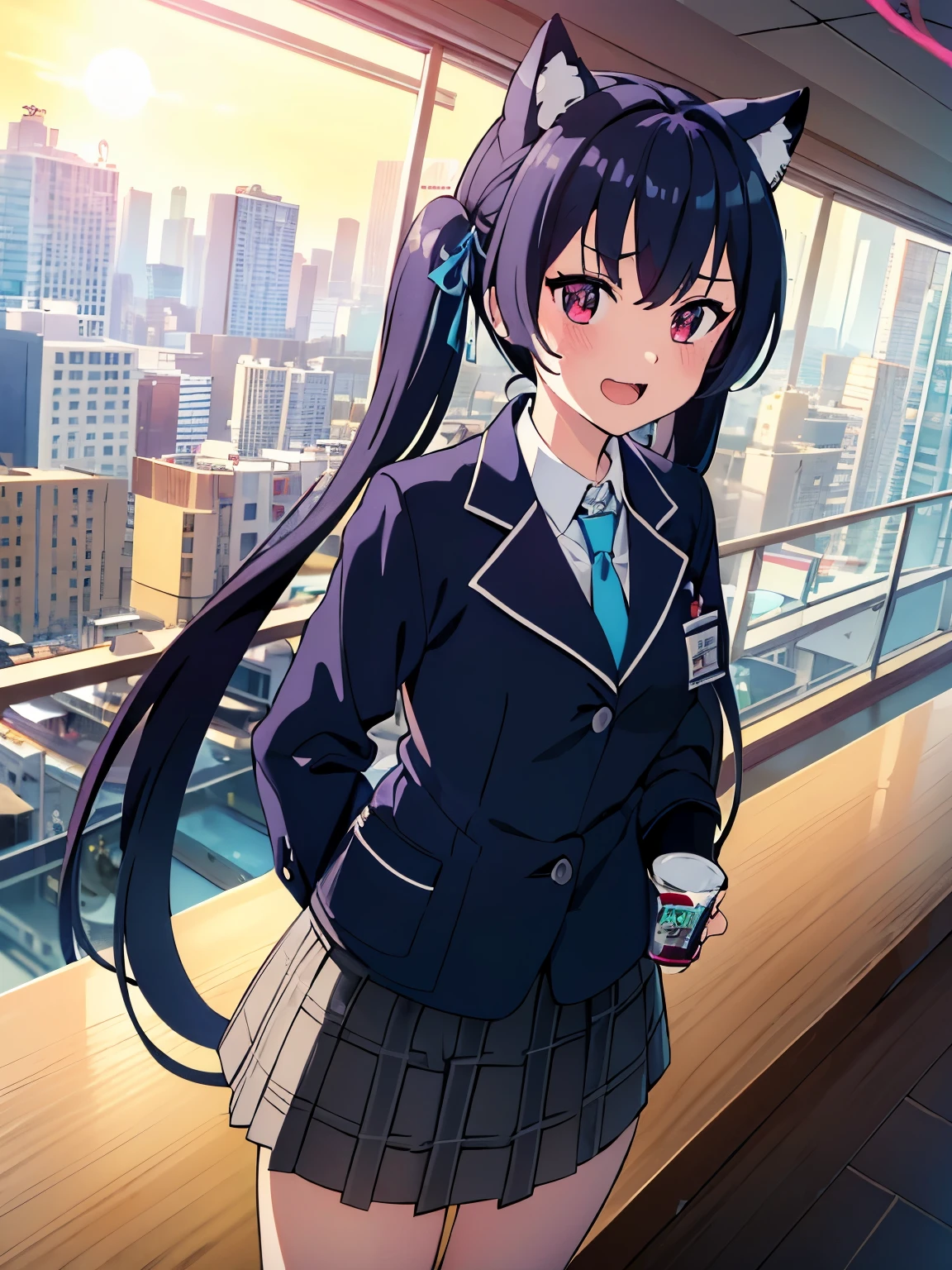 1girl, (((masterpiece))),(((half body))), wallpaper HD, top-quality, top-quality, High Details, masterpiece, best quality, ultra-detailed, illustration, 1girl, serika, school uniform, standing ,white shirt, blue necktie, black skirt, blue jacket, Barreta's AR 70/223 weapon, comic strip, soothing tones, Subdued Color, Soft cinematic light, adobe lightroom, photolab, HDR, intricately and hyper-detailed、(((depth of fieldasterpiece)))。(((top-quality))).)((ultra-detailliert)))。(((illustratio)))。(((wallpaper))), (((takeout))).dynamic focus.big breasts.(((skyscraper ))).(((A city scape))).(((Face of happiness))). open smile mouth.(((up chest))).((afternoon glow)).((the setting sun)).