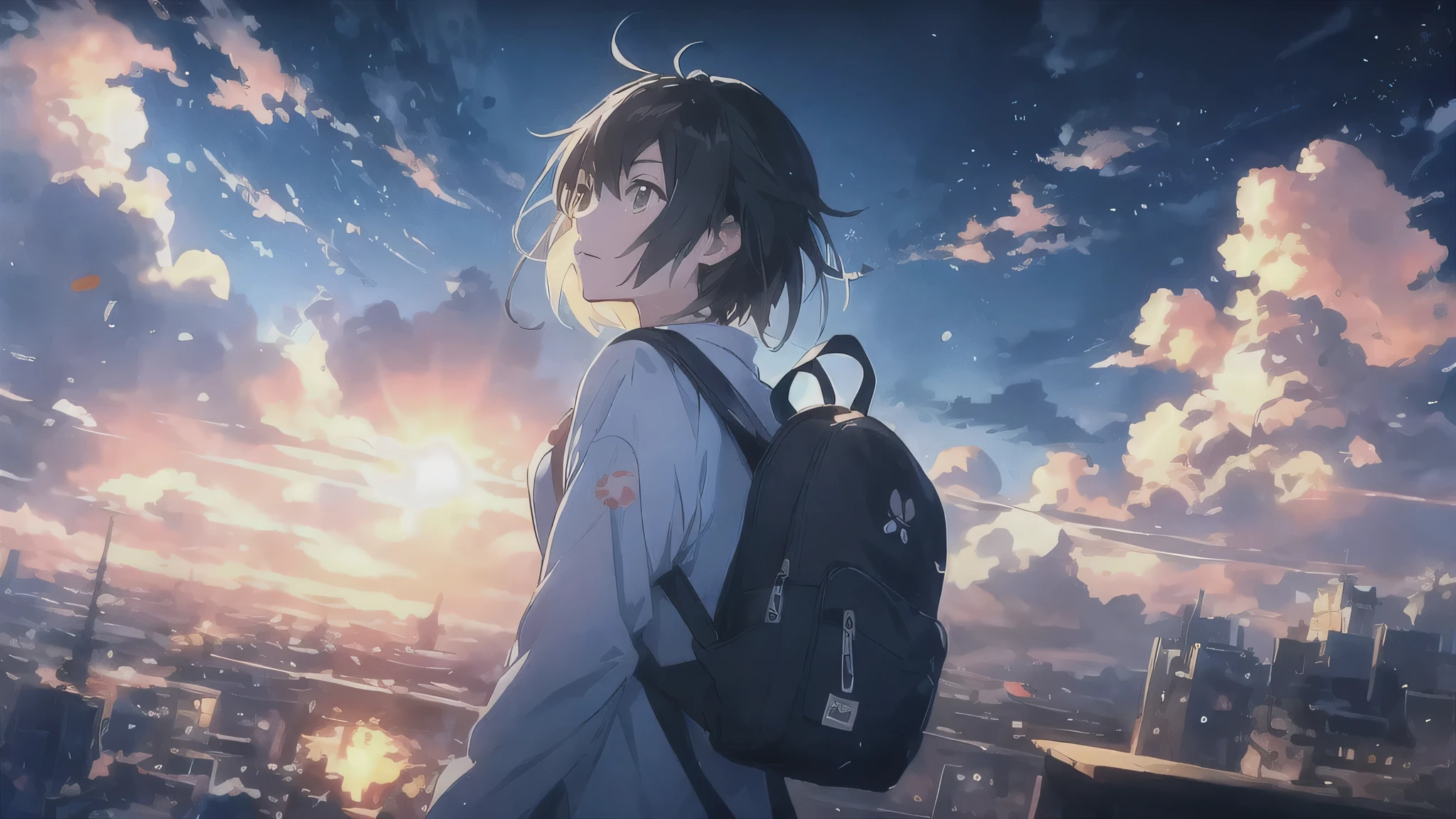 Anime girl with a backpack looks at the sky with clouds, anime wallpaper 4k, anime wallpaper 4k, 4k anime wallpaper, anime art wallpaper 8k, makoto shinkai cyril rolando, anime art wallpaper 4k, anime art wallpaper 4k, anime style 4k, ( ( Makoto Shinkai ) ), Makoto Shinkai's art style, anime background