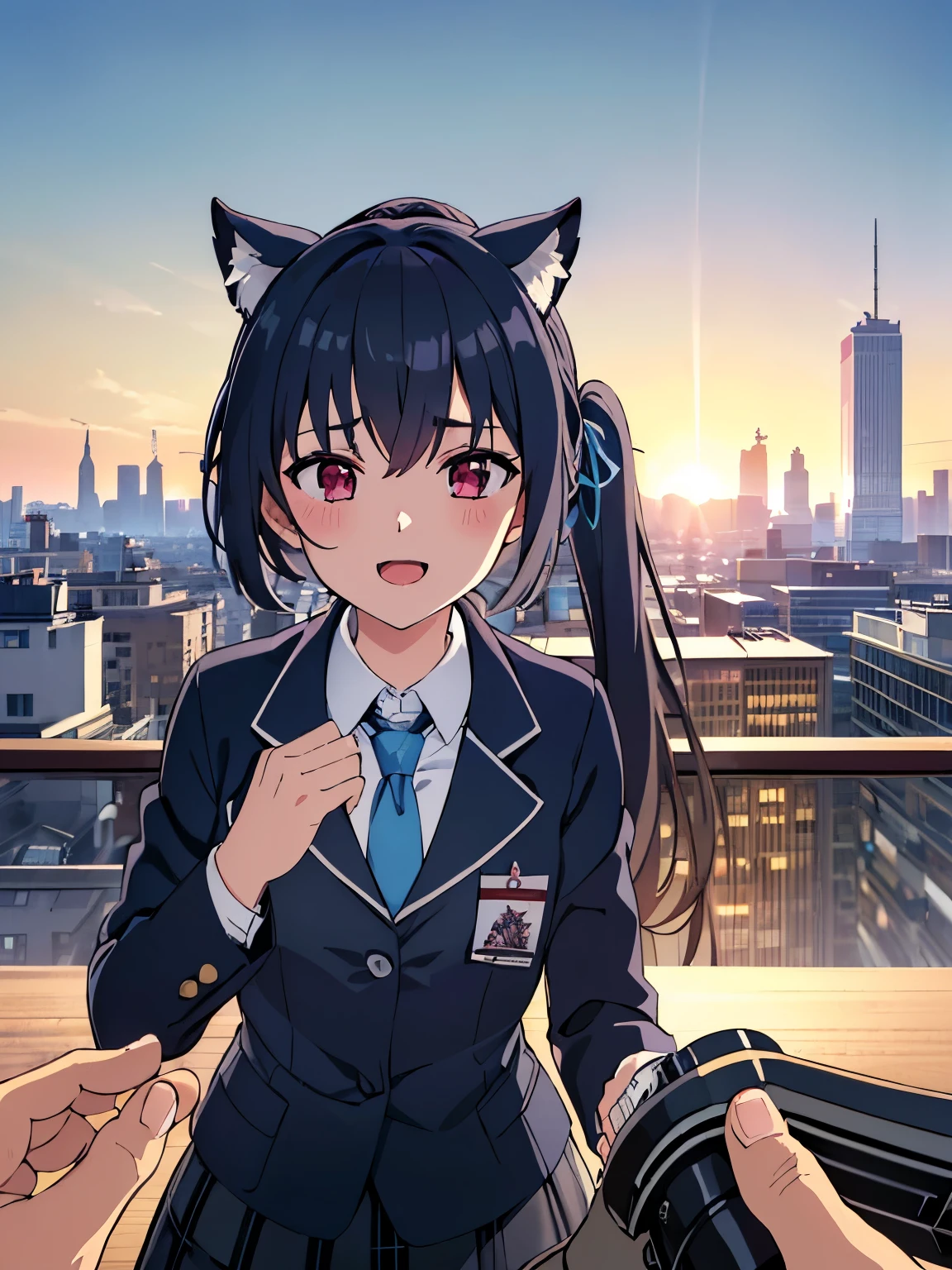 1girl, (((masterpiece))),(((half body))), wallpaper HD, top-quality, top-quality, High Details, masterpiece, best quality, ultra-detailed, illustration, 1girl, serika, school uniform, standing ,white shirt, blue necktie, black skirt, blue jacket, (((Barreta's AR 70/223 weapon))), comic strip, soothing tones, Subdued Color, Soft cinematic light, adobe lightroom, photolab, HDR, intricately and hyper-detailed、(((depth of fieldasterpiece)))。(((top-quality))).)((ultra-detailliert)))。(((illustratio)))。(((wallpaper))), (((takeout))).dynamic focus.big breasts.(((skyscraper ))).(((A city scape))).(((Face of happiness))). open smile mouth.(((up chest))).((afternoon glow)).((the setting sun)).