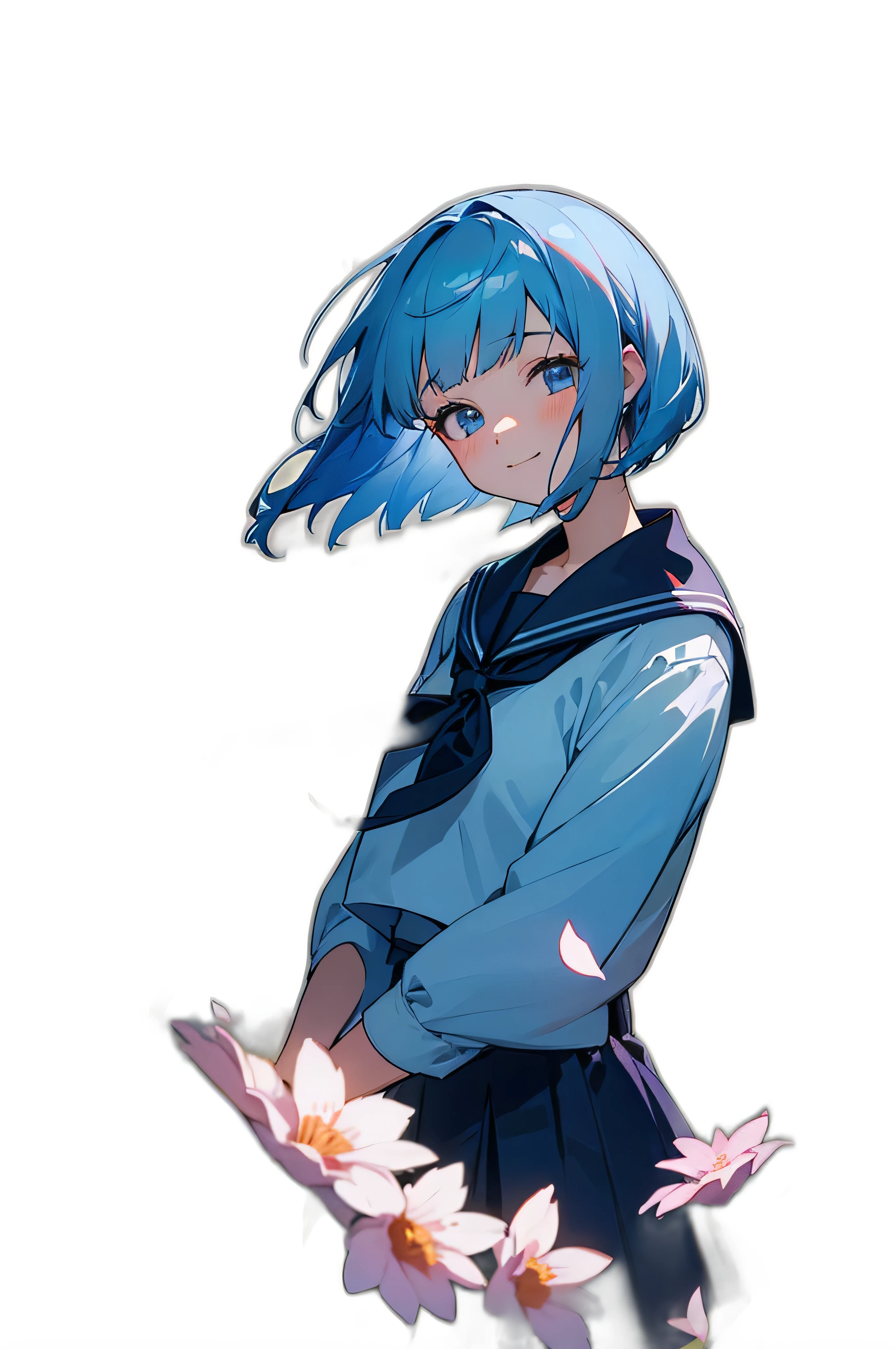 Anime girl with blue hair and blue eyes standing in front of flowers ...