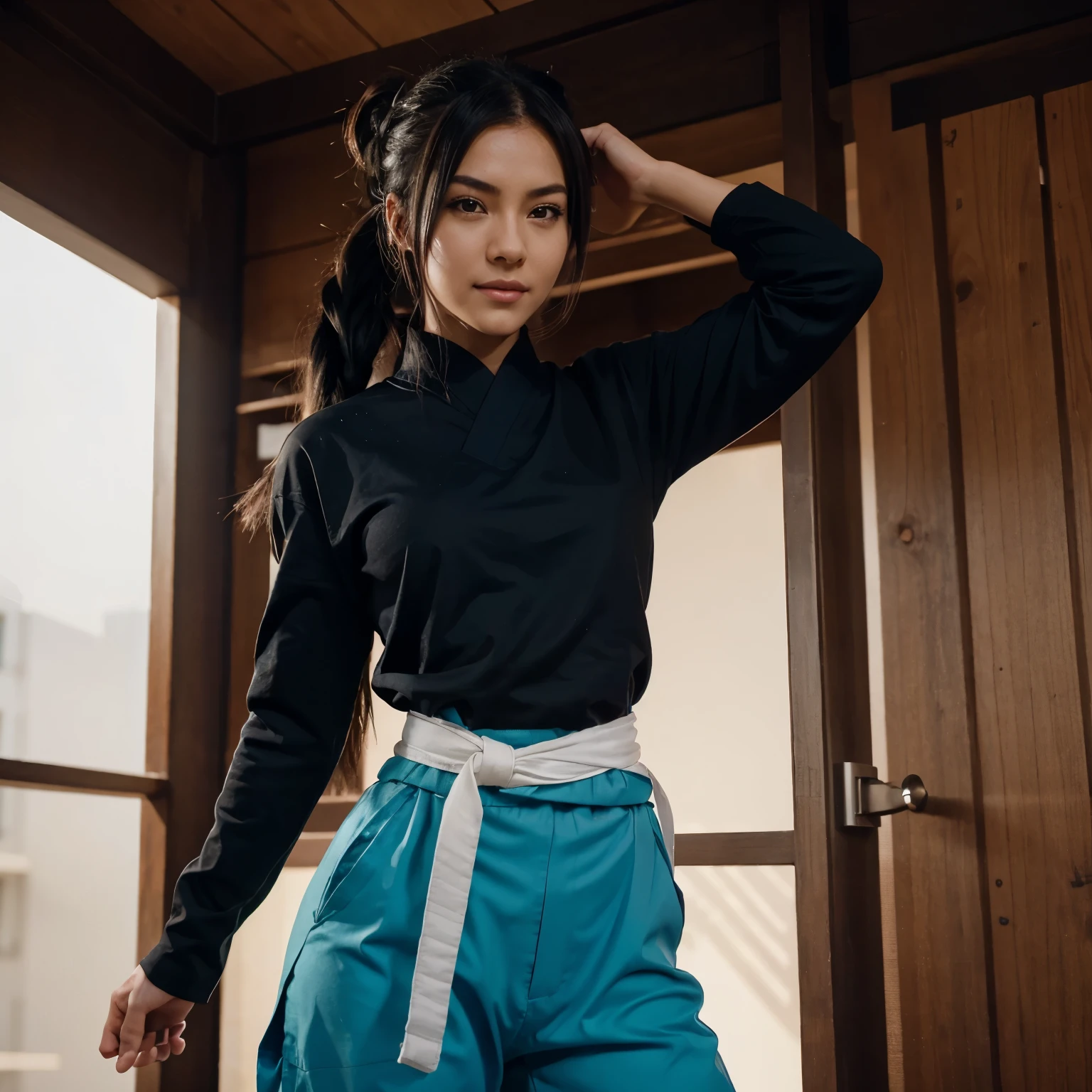 Allyxn Bliss, a martial artist, with black and white hair tie in bun, fair skin, fit physique with abs slight muscles, 175 cm tall, she wore a cyan Gi with obi belt, and light brown martial art's trouser, yellow sash around the shin, then dark blue taichi shoes, anime screencap, shadows, masterpiece, best quality, looking at viewer, facing viewer, (night:1.3), low key, excited, happy, joyful, (blush), smile, wide windows, 1girl, shiny skin, shiny hair(Yoruichi Shihouin from Bleach) style,