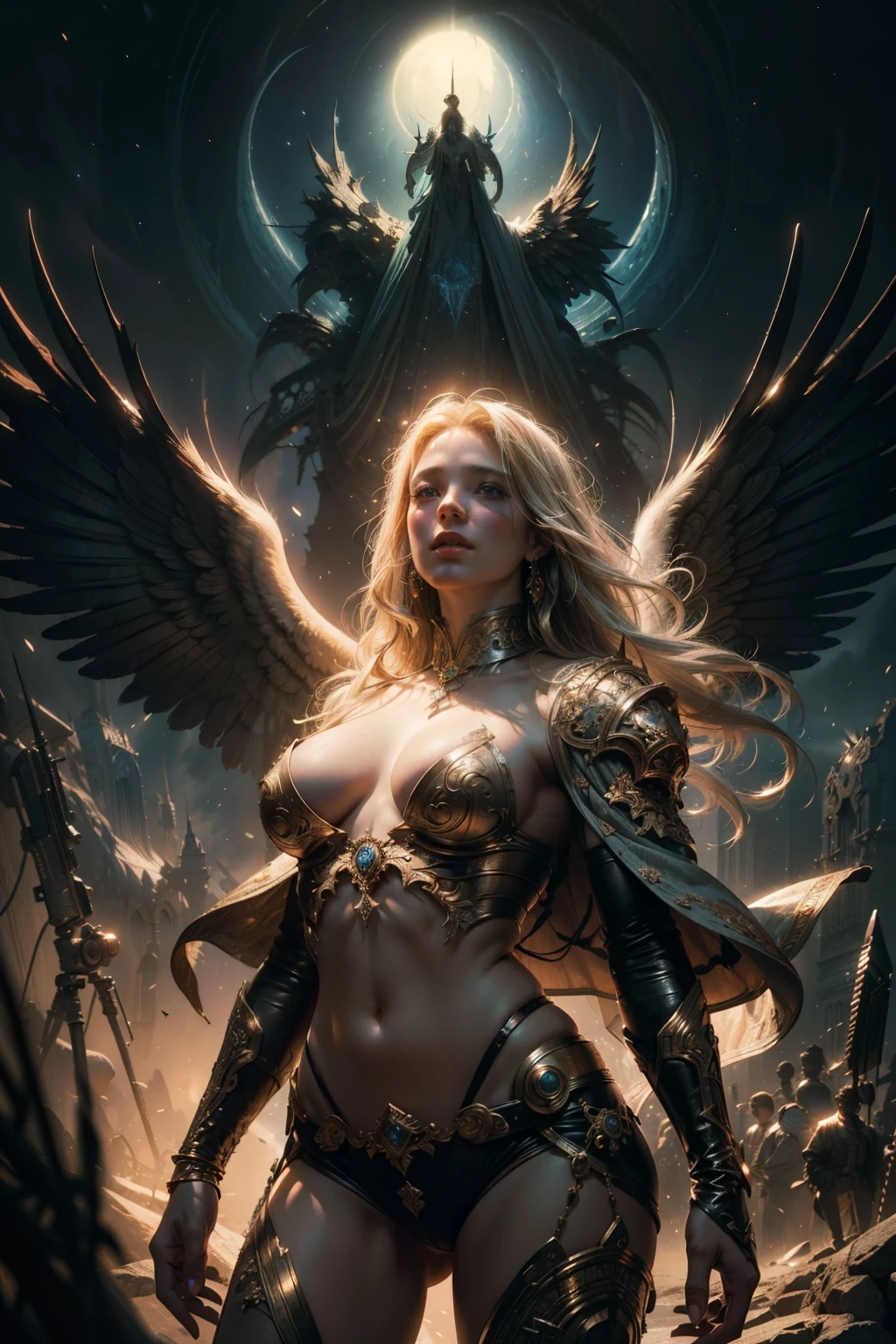 (Cinematic Photo: Full Frontal, Concept Art by Apterus, Agostino Arrivabene, John Berkey: 1.3), (A topless blonde woman with a narrative of a fallen Angel),
Masterpiece scale, Ultra-HD 8k resolution, Octane render, ultra-detailed CG perspective,
Realistic and photorealistic, Beautiful depth of field, Ultra-wide field, Dynamic lighting with amazing shadows,
Dramatic and atmospheric, 35mm film texture, Professional Bokeh effect,
Highly detailed with intricate vagina showing, 4k ultra-high definition, Rich and raw textures