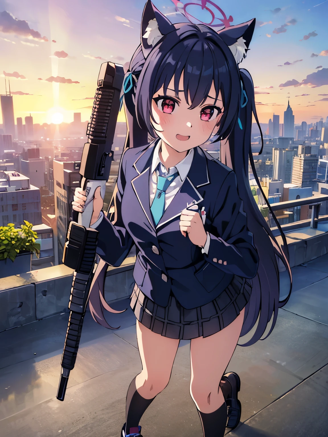 1girl, (((masterpiece))),(((full body))), wallpaper HD, top-quality, top-quality, High Details, masterpiece, best quality, ultra-detailed, illustration, 1girl, serika, school uniform, standing ,white shirt, blue necktie, black skirt, blue jacket, (((Barreta's AR 70/223 weapon))), comic strip, soothing tones, Subdued Color, Soft cinematic light, adobe lightroom, photolab, HDR, intricately and hyper-detailed、(((depth of fieldasterpiece)))。(((top-quality))).)((ultra-detailliert)))。(((illustratio)))。(((wallpaper))), (((takeout))).dynamic focus.big breasts.(((skyscraper ))).(((A city scape))).(((Face of happiness))). open smile mouth.(((up chest))).((afternoon glow)).((the setting sun)).